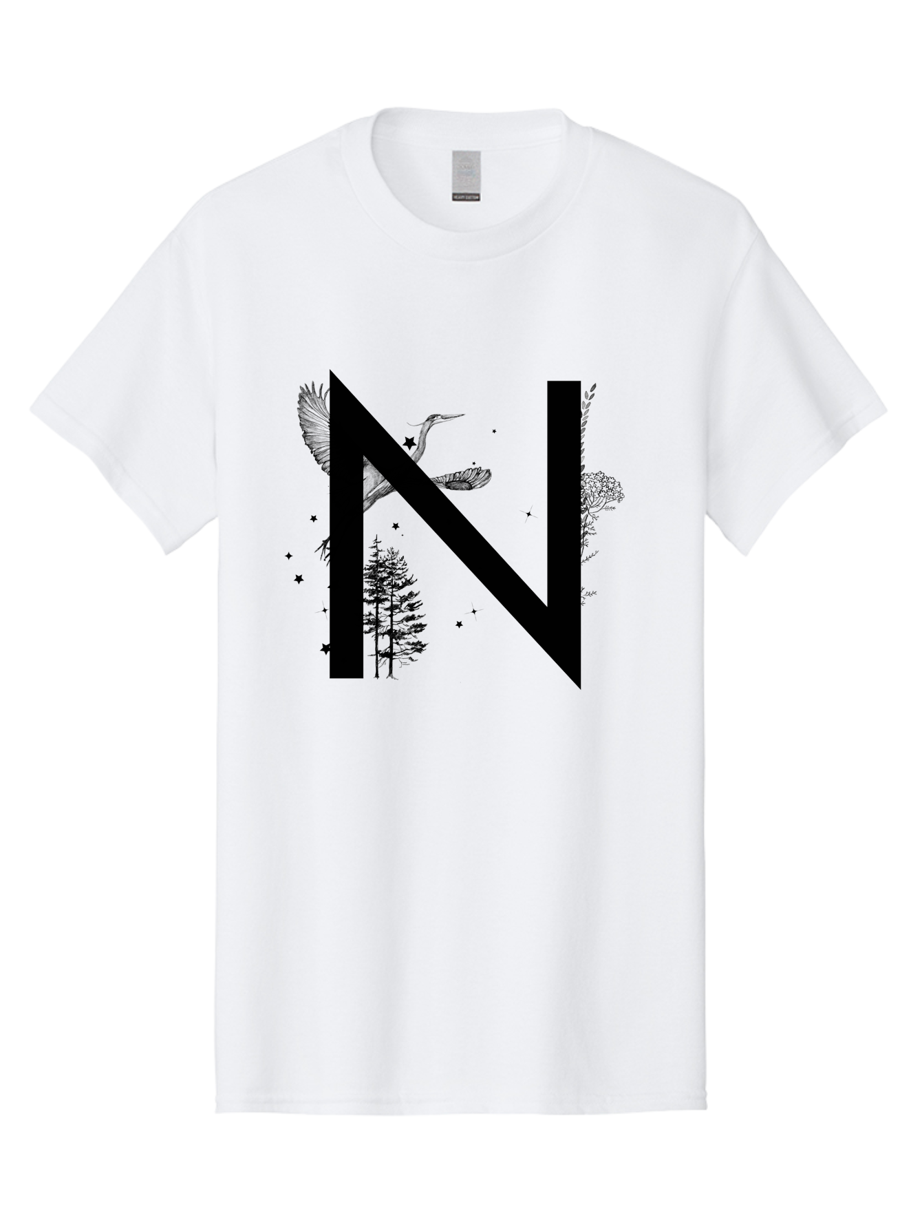 N Men'S Graphic Tee, 100% Cotton, Comfortable Casual Summer Wear, Machine Washable, Stylish N Letter, Logo Design, Nature Inspired, Black Lettering, Floral Elements, Birds In Flight, Stars, Trees, Foliage, Symbolism, Creative Typography Aac338
