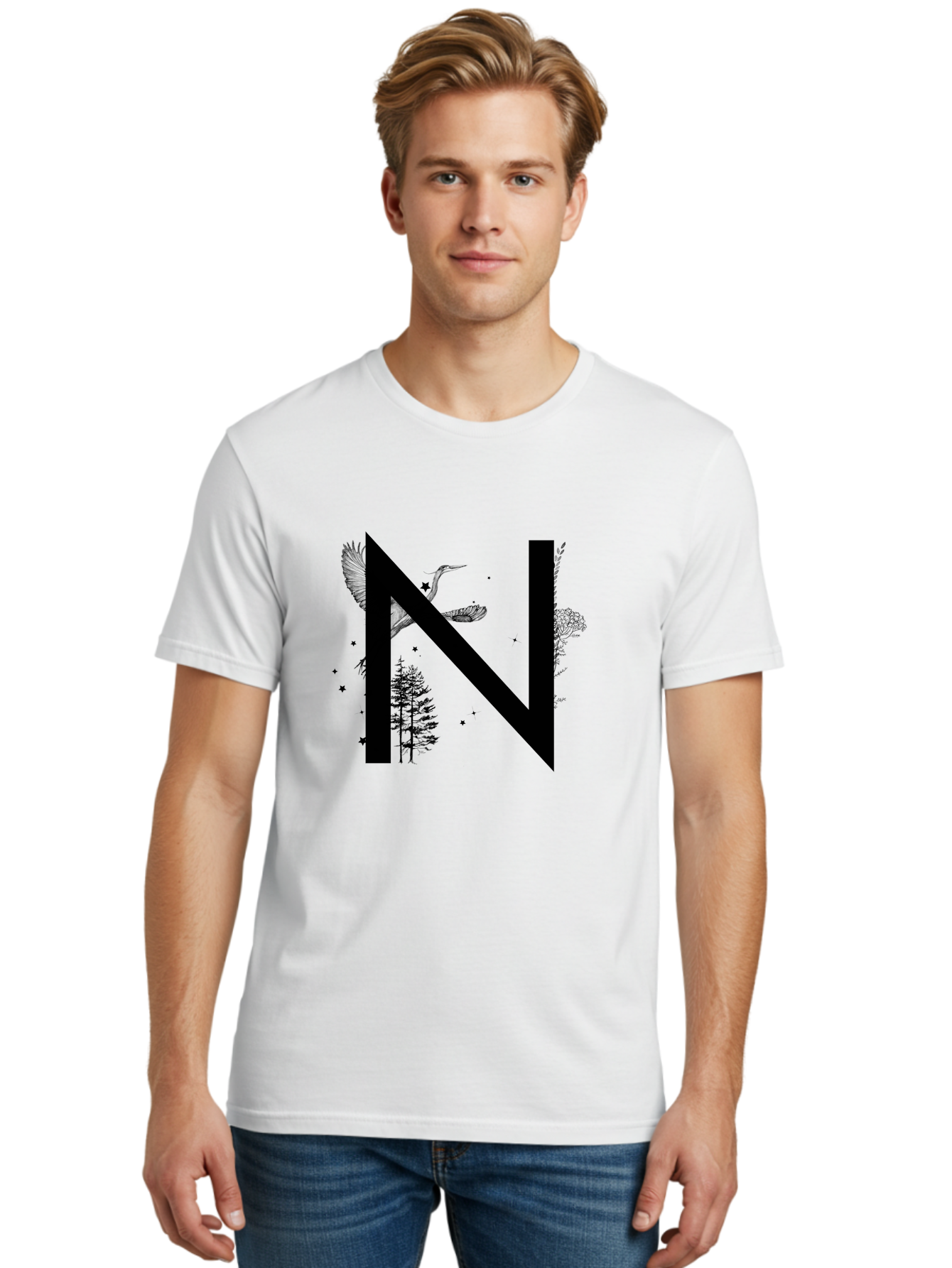 N Men'S Graphic Tee, 100% Cotton, Comfortable Casual Summer Wear, Machine Washable, Stylish N Letter, Logo Design, Nature Inspired, Black Lettering, Floral Elements, Birds In Flight, Stars, Trees, Foliage, Symbolism, Creative Typography Aac338