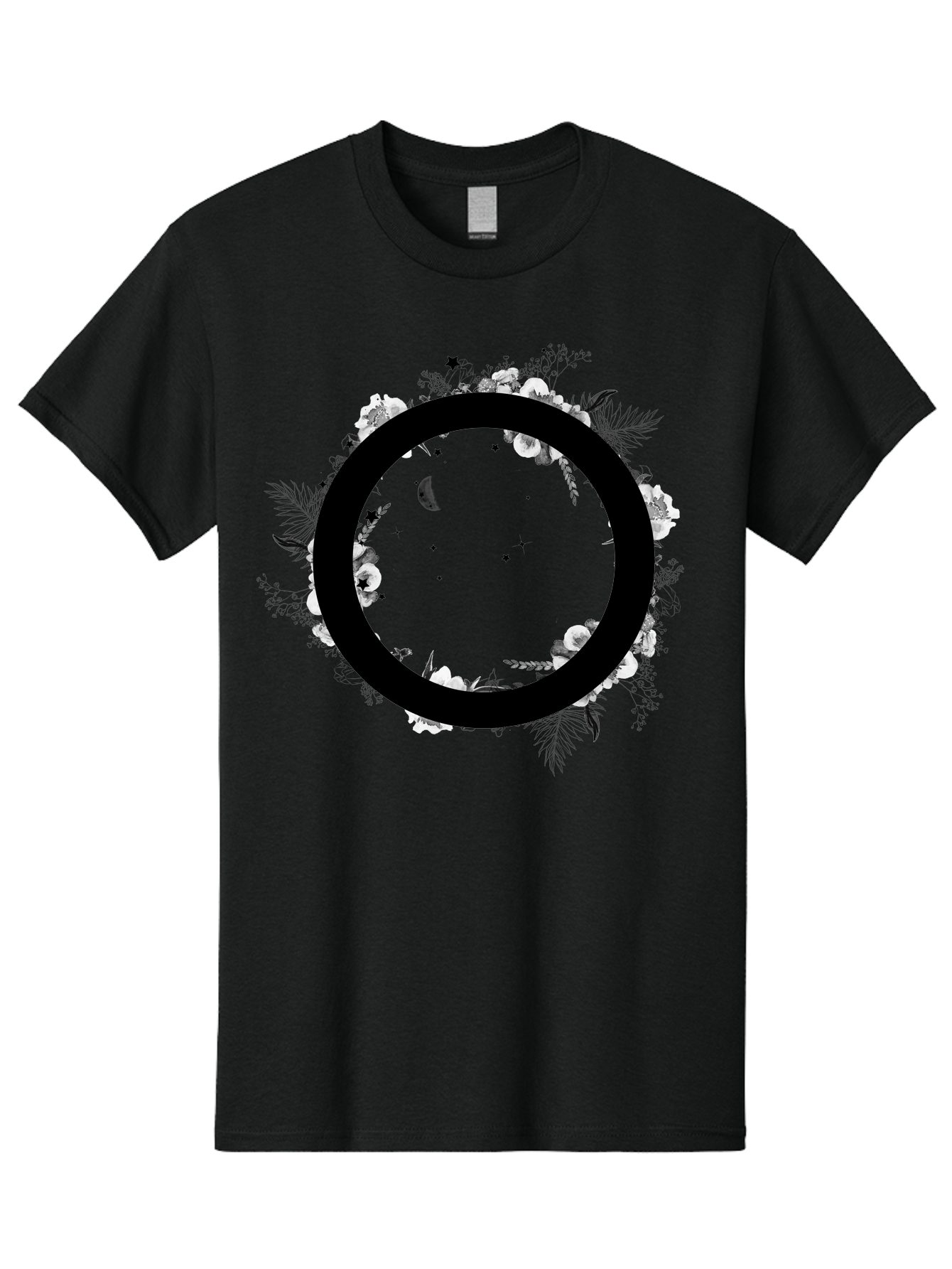 O Men'S Graphic Tee, 100% Cotton, Comfortable Casual Summer Wear, Machine Washable, Floral Wreath, Black Circle, Moon And Stars, White Flowers, Leaves And Foliage, Celestial Elements, Mystical Design Aac339