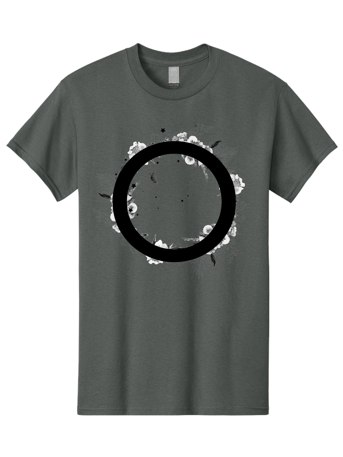O Men'S Graphic Tee, 100% Cotton, Comfortable Casual Summer Wear, Machine Washable, Floral Wreath, Black Circle, Moon And Stars, White Flowers, Leaves And Foliage, Celestial Elements, Mystical Design Aac339