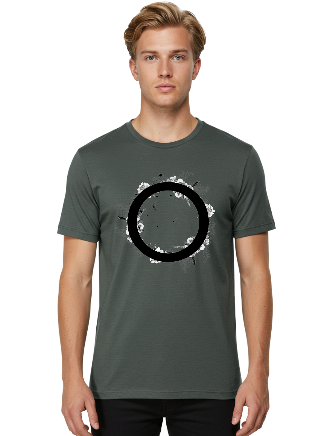 O Men'S Graphic Tee, 100% Cotton, Comfortable Casual Summer Wear, Machine Washable, Floral Wreath, Black Circle, Moon And Stars, White Flowers, Leaves And Foliage, Celestial Elements, Mystical Design Aac339