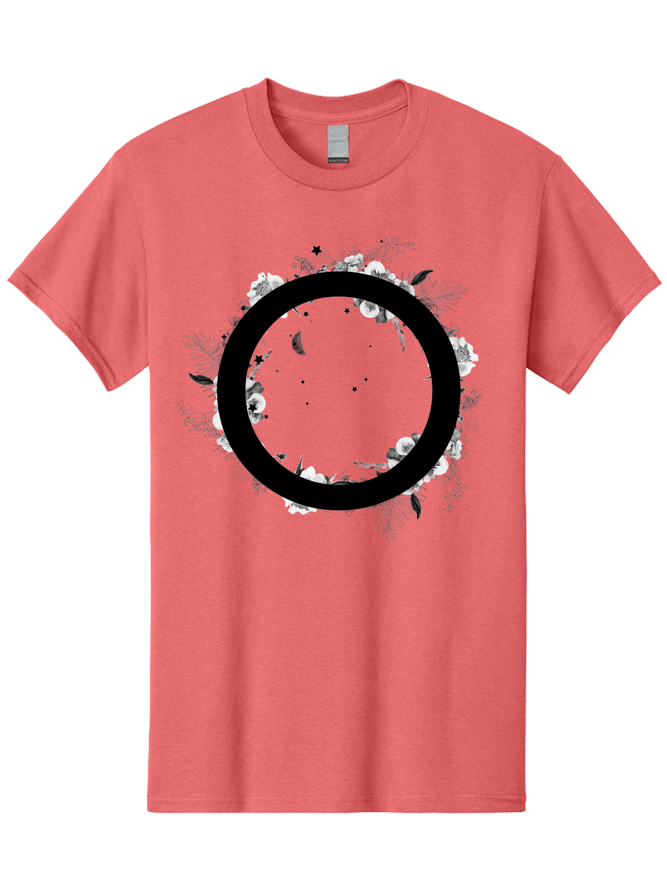 O Men'S Graphic Tee, 100% Cotton, Comfortable Casual Summer Wear, Machine Washable, Floral Wreath, Black Circle, Moon And Stars, White Flowers, Leaves And Foliage, Celestial Elements, Mystical Design Aac339