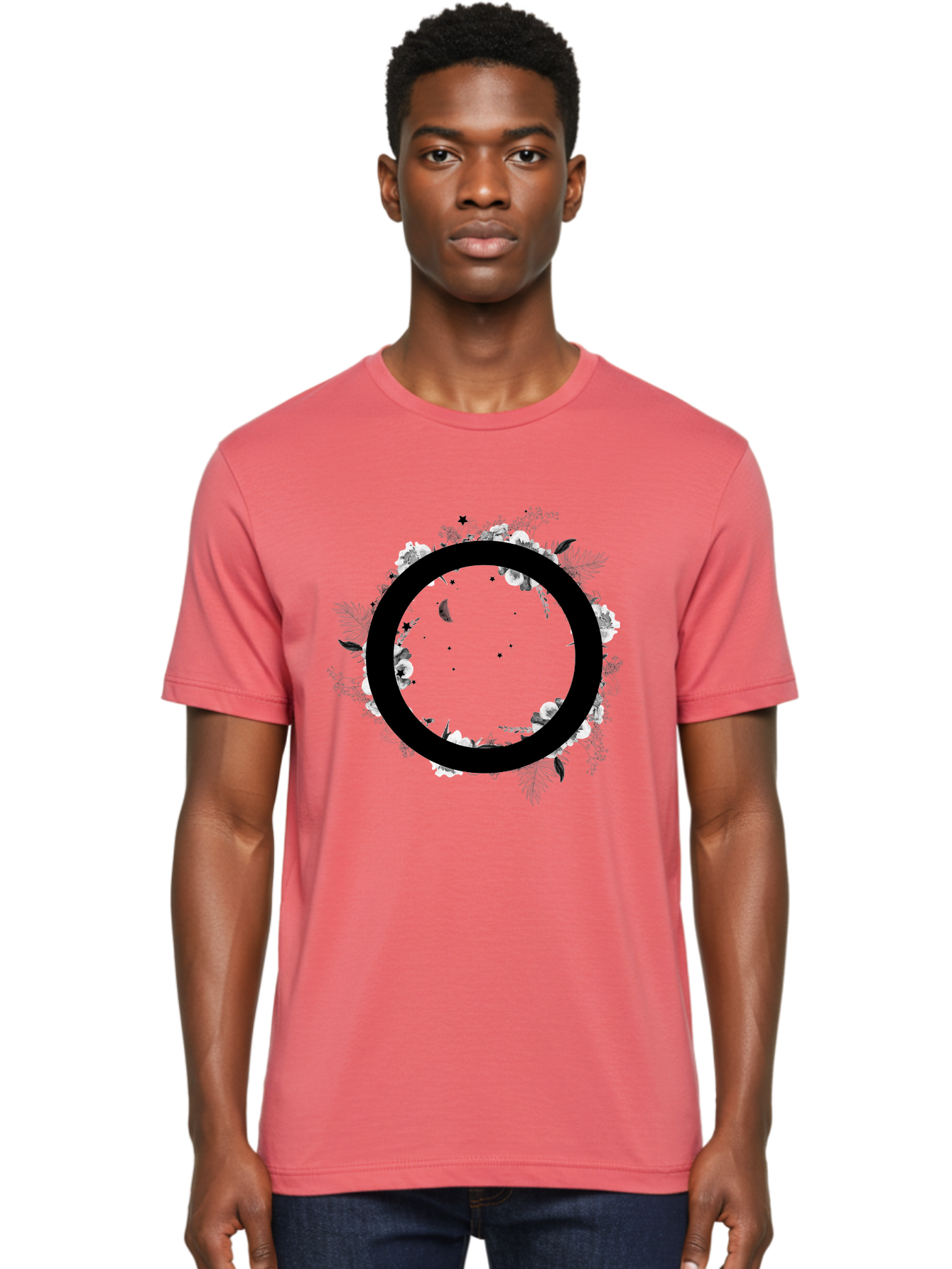 O Men'S Graphic Tee, 100% Cotton, Comfortable Casual Summer Wear, Machine Washable, Floral Wreath, Black Circle, Moon And Stars, White Flowers, Leaves And Foliage, Celestial Elements, Mystical Design Aac339