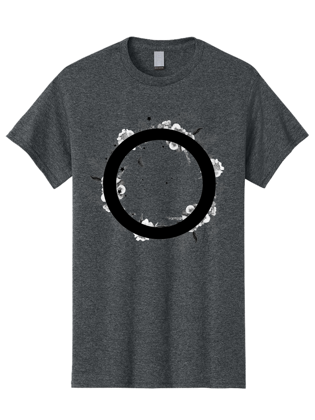 O Men'S Graphic Tee, 100% Cotton, Comfortable Casual Summer Wear, Machine Washable, Floral Wreath, Black Circle, Moon And Stars, White Flowers, Leaves And Foliage, Celestial Elements, Mystical Design Aac339