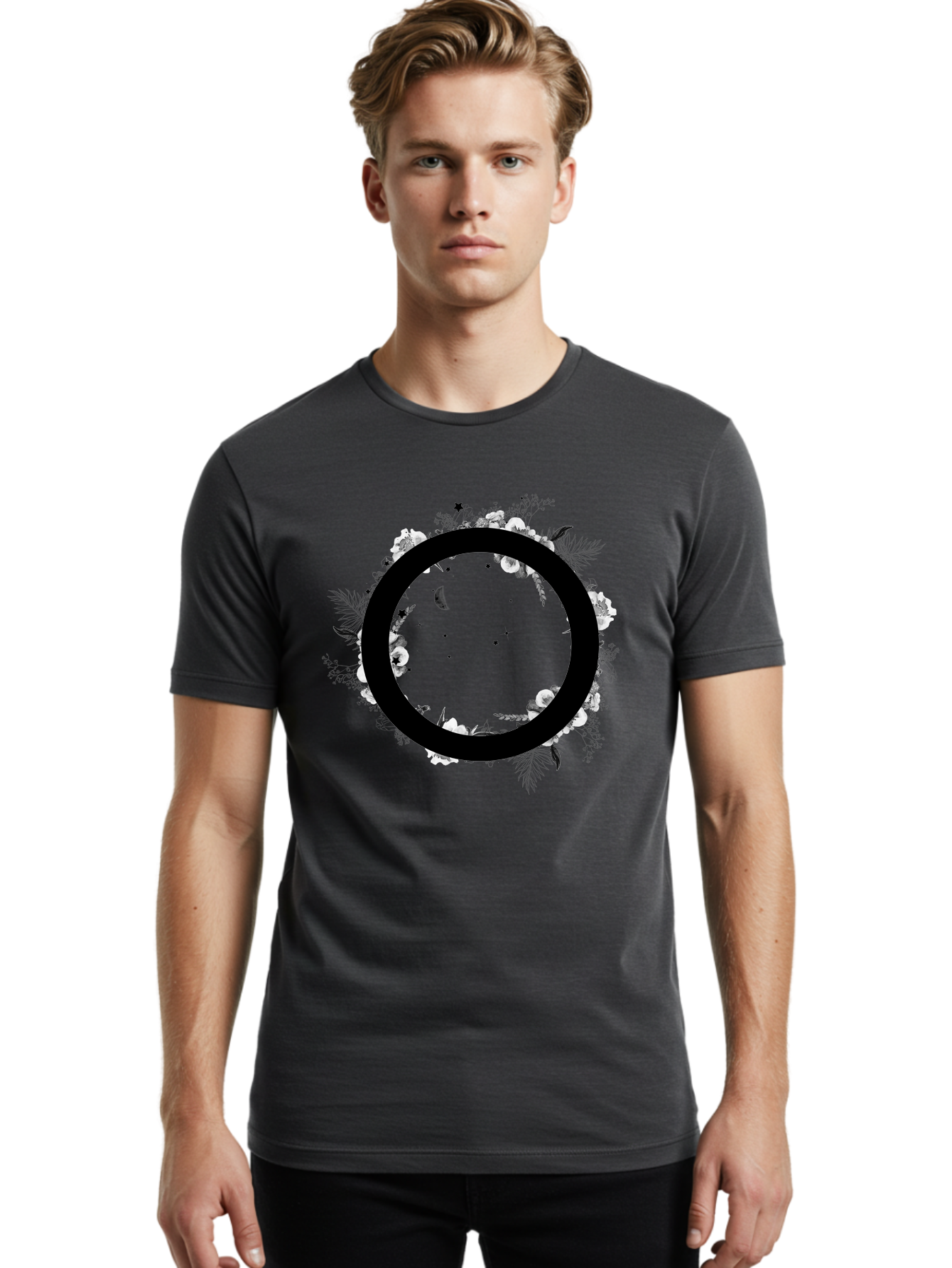 O Men'S Graphic Tee, 100% Cotton, Comfortable Casual Summer Wear, Machine Washable, Floral Wreath, Black Circle, Moon And Stars, White Flowers, Leaves And Foliage, Celestial Elements, Mystical Design Aac339