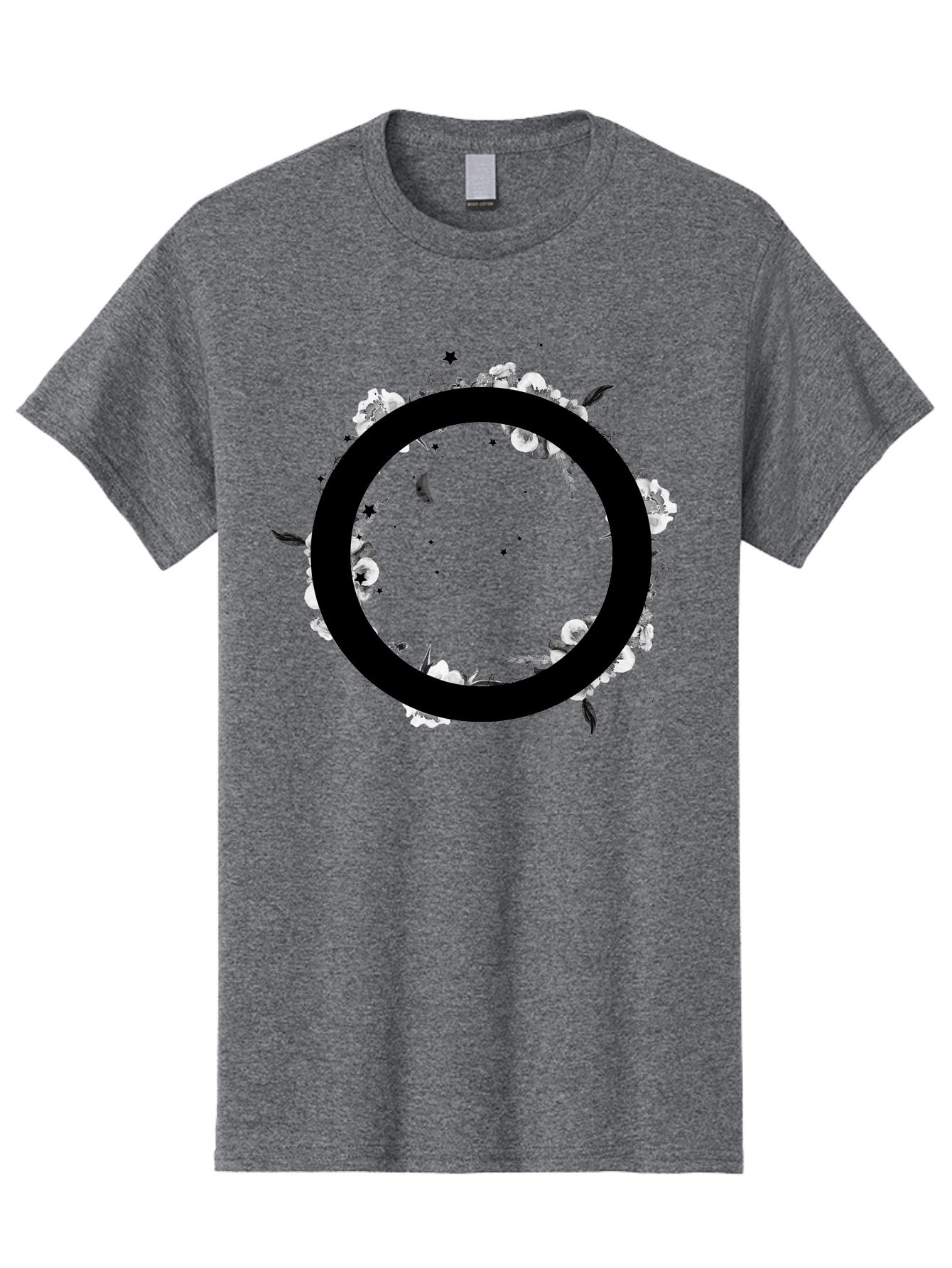 O Men'S Graphic Tee, 100% Cotton, Comfortable Casual Summer Wear, Machine Washable, Floral Wreath, Black Circle, Moon And Stars, White Flowers, Leaves And Foliage, Celestial Elements, Mystical Design Aac339