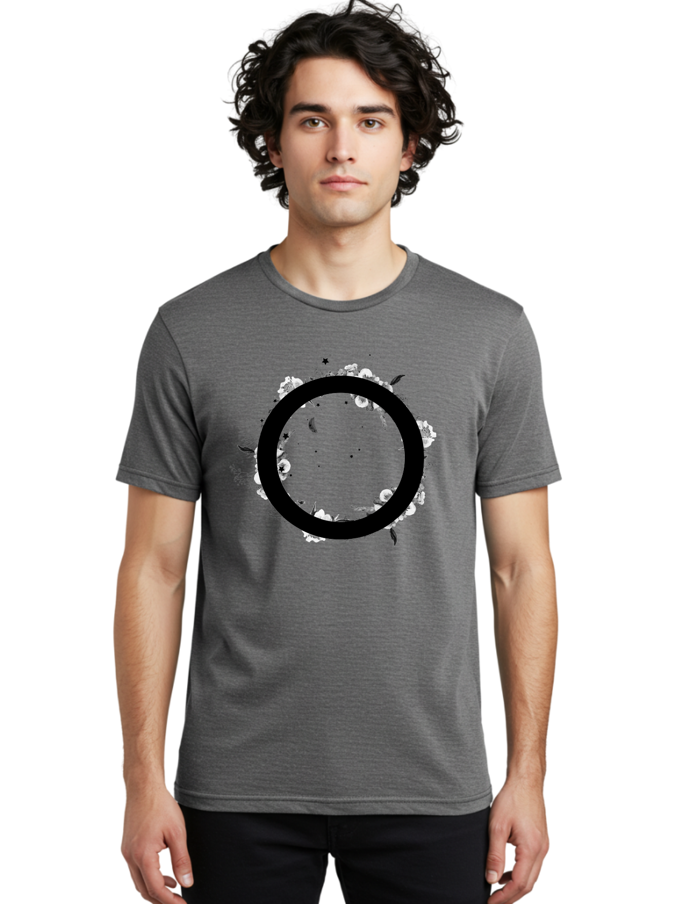 O Men'S Graphic Tee, 100% Cotton, Comfortable Casual Summer Wear, Machine Washable, Floral Wreath, Black Circle, Moon And Stars, White Flowers, Leaves And Foliage, Celestial Elements, Mystical Design Aac339
