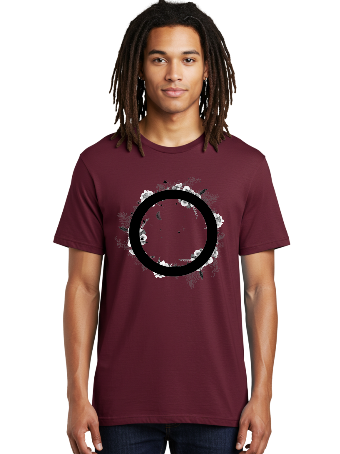 O Men'S Graphic Tee, 100% Cotton, Comfortable Casual Summer Wear, Machine Washable, Floral Wreath, Black Circle, Moon And Stars, White Flowers, Leaves And Foliage, Celestial Elements, Mystical Design Aac339