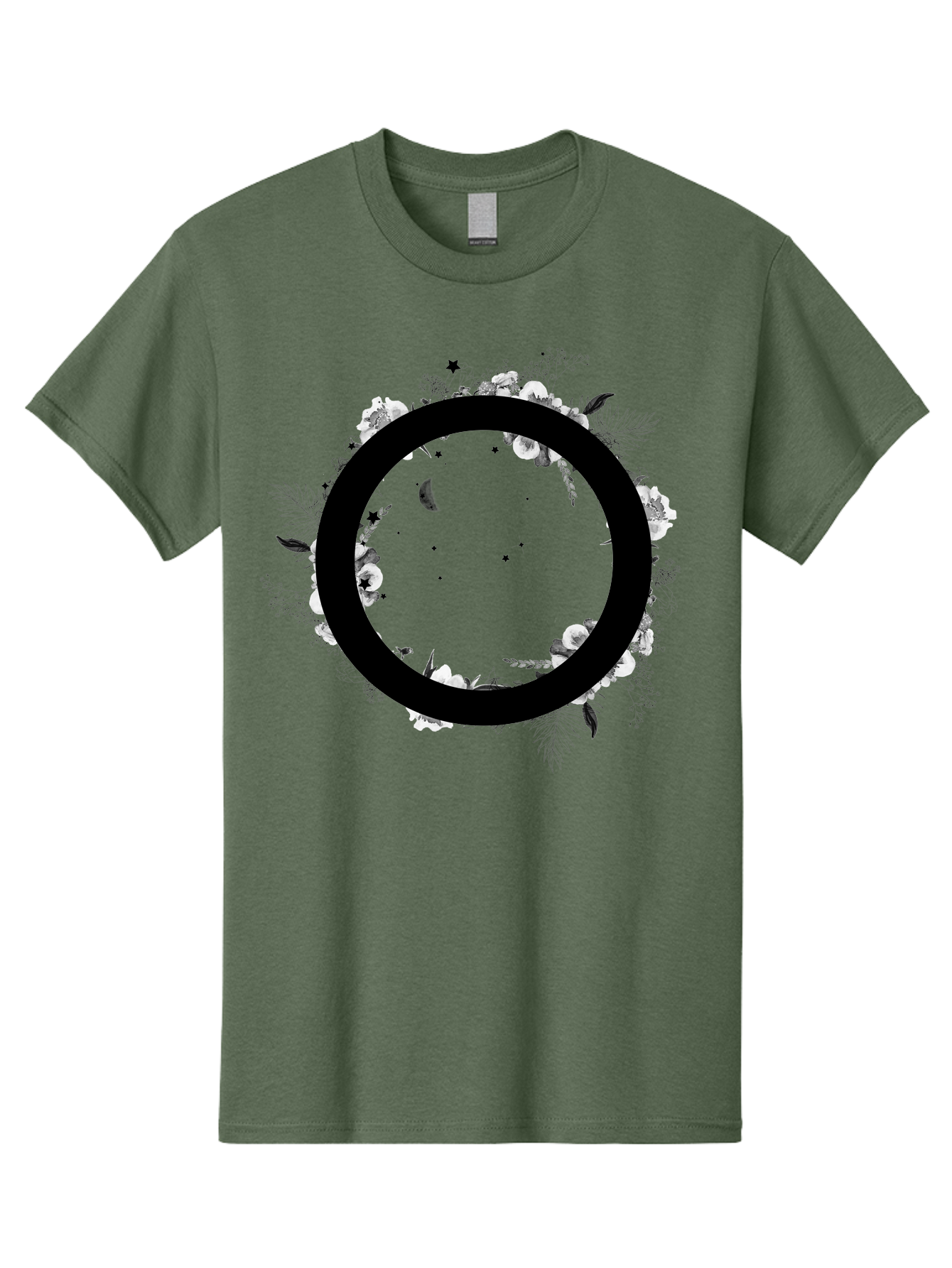 O Men'S Graphic Tee, 100% Cotton, Comfortable Casual Summer Wear, Machine Washable, Floral Wreath, Black Circle, Moon And Stars, White Flowers, Leaves And Foliage, Celestial Elements, Mystical Design Aac339