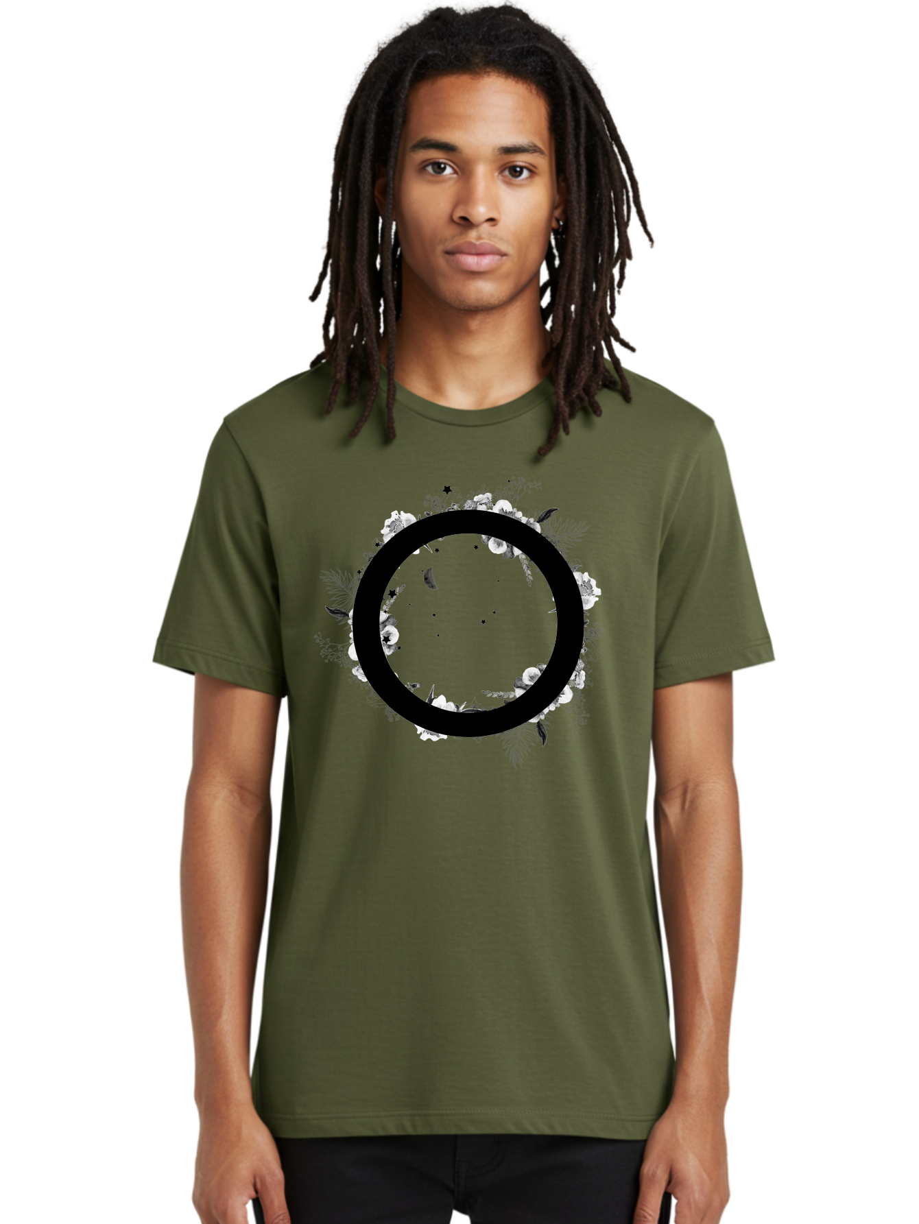 O Men'S Graphic Tee, 100% Cotton, Comfortable Casual Summer Wear, Machine Washable, Floral Wreath, Black Circle, Moon And Stars, White Flowers, Leaves And Foliage, Celestial Elements, Mystical Design Aac339