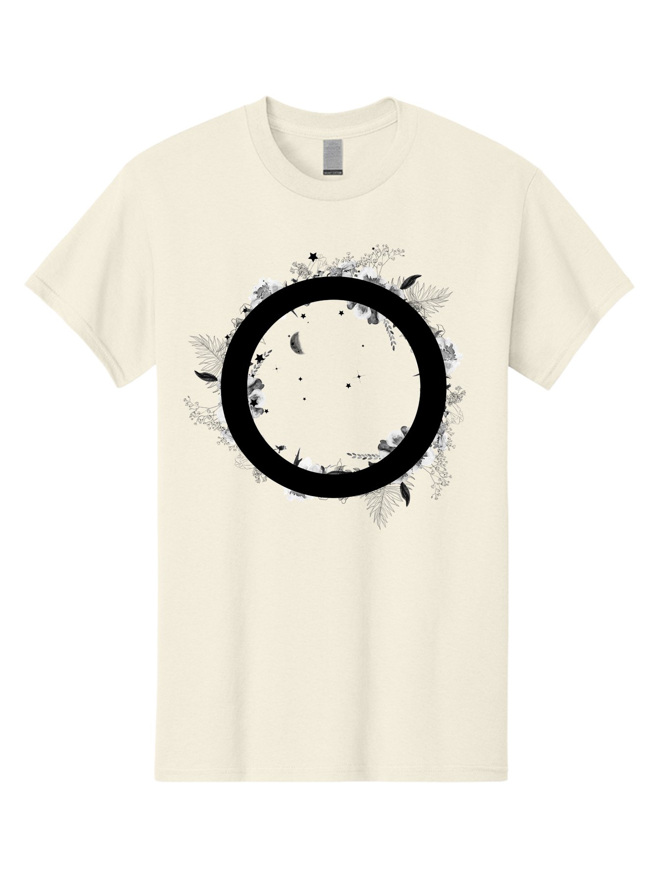 O Men'S Graphic Tee, 100% Cotton, Comfortable Casual Summer Wear, Machine Washable, Floral Wreath, Black Circle, Moon And Stars, White Flowers, Leaves And Foliage, Celestial Elements, Mystical Design Aac339