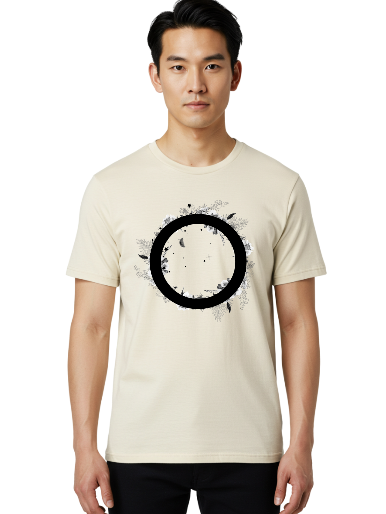 O Men'S Graphic Tee, 100% Cotton, Comfortable Casual Summer Wear, Machine Washable, Floral Wreath, Black Circle, Moon And Stars, White Flowers, Leaves And Foliage, Celestial Elements, Mystical Design Aac339