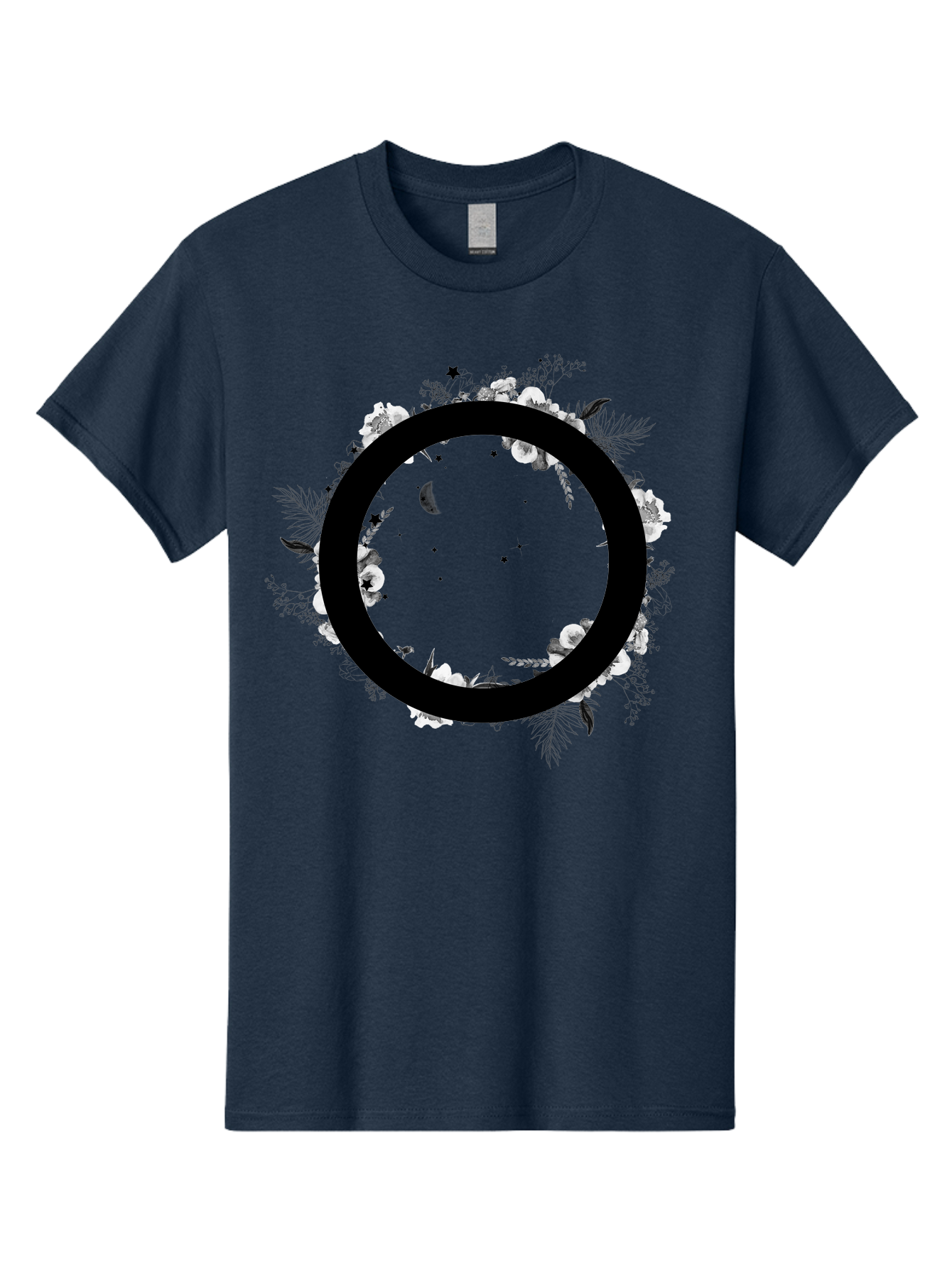 O Men'S Graphic Tee, 100% Cotton, Comfortable Casual Summer Wear, Machine Washable, Floral Wreath, Black Circle, Moon And Stars, White Flowers, Leaves And Foliage, Celestial Elements, Mystical Design Aac339