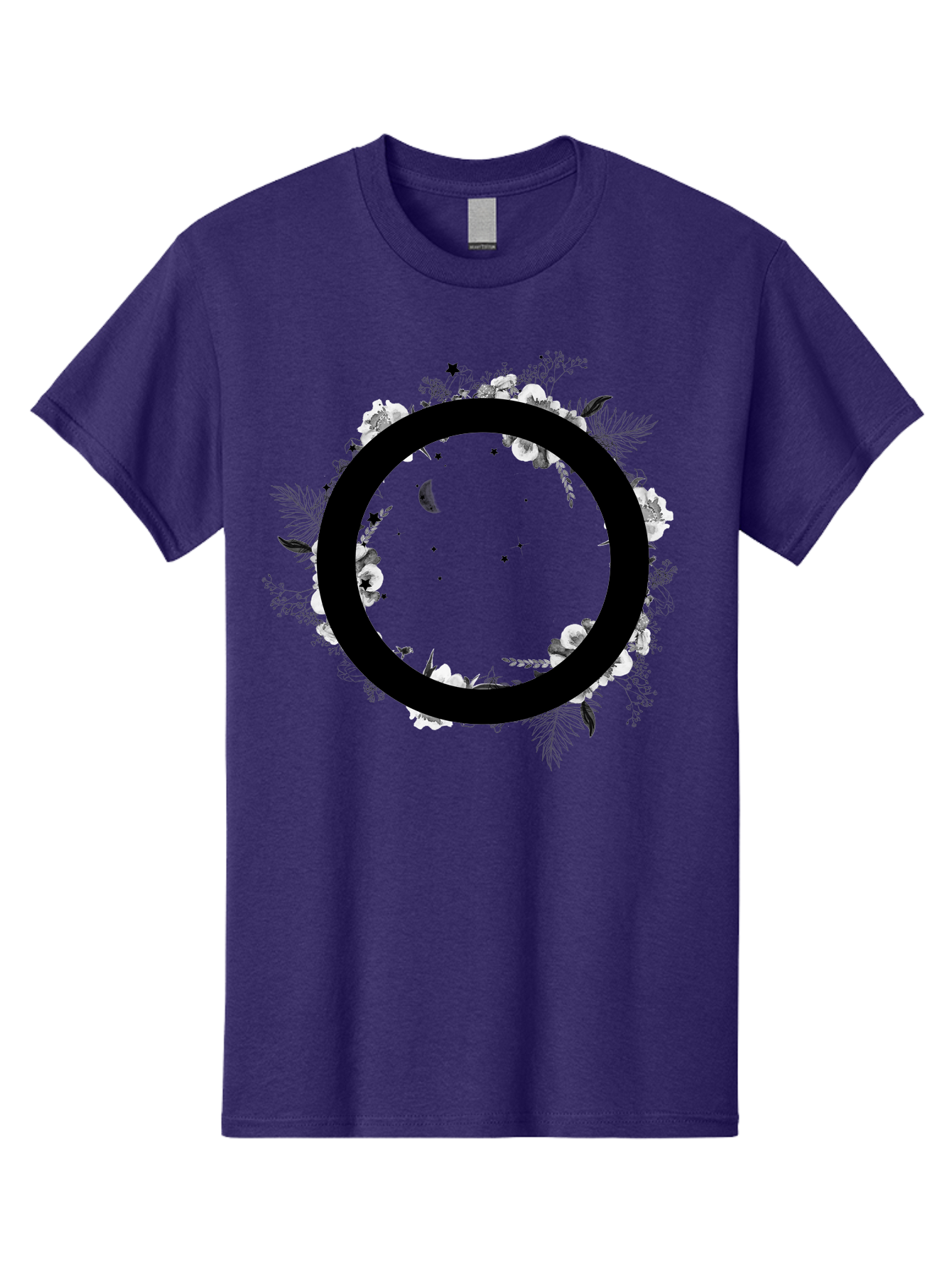 O Men'S Graphic Tee, 100% Cotton, Comfortable Casual Summer Wear, Machine Washable, Floral Wreath, Black Circle, Moon And Stars, White Flowers, Leaves And Foliage, Celestial Elements, Mystical Design Aac339