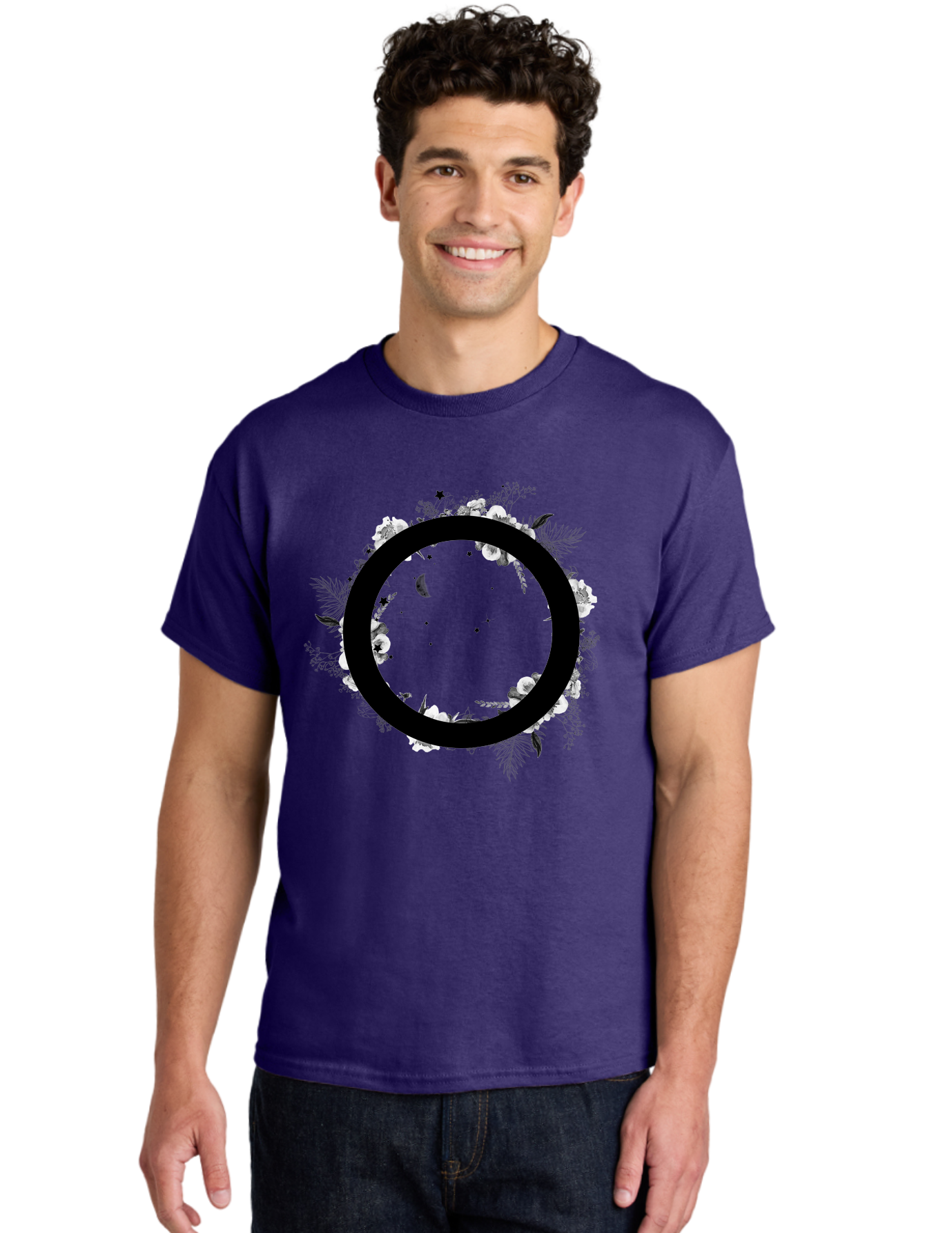 O Men'S Graphic Tee, 100% Cotton, Comfortable Casual Summer Wear, Machine Washable, Floral Wreath, Black Circle, Moon And Stars, White Flowers, Leaves And Foliage, Celestial Elements, Mystical Design Aac339