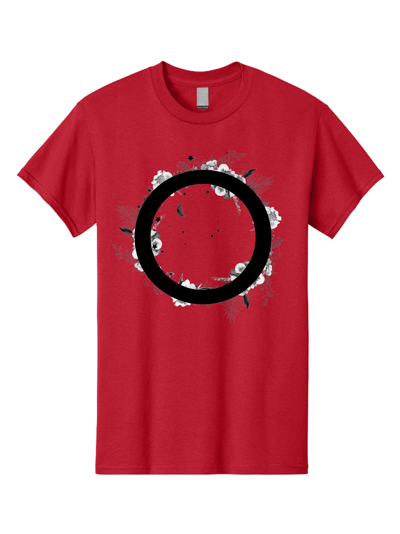 O Men'S Graphic Tee, 100% Cotton, Comfortable Casual Summer Wear, Machine Washable, Floral Wreath, Black Circle, Moon And Stars, White Flowers, Leaves And Foliage, Celestial Elements, Mystical Design Aac339