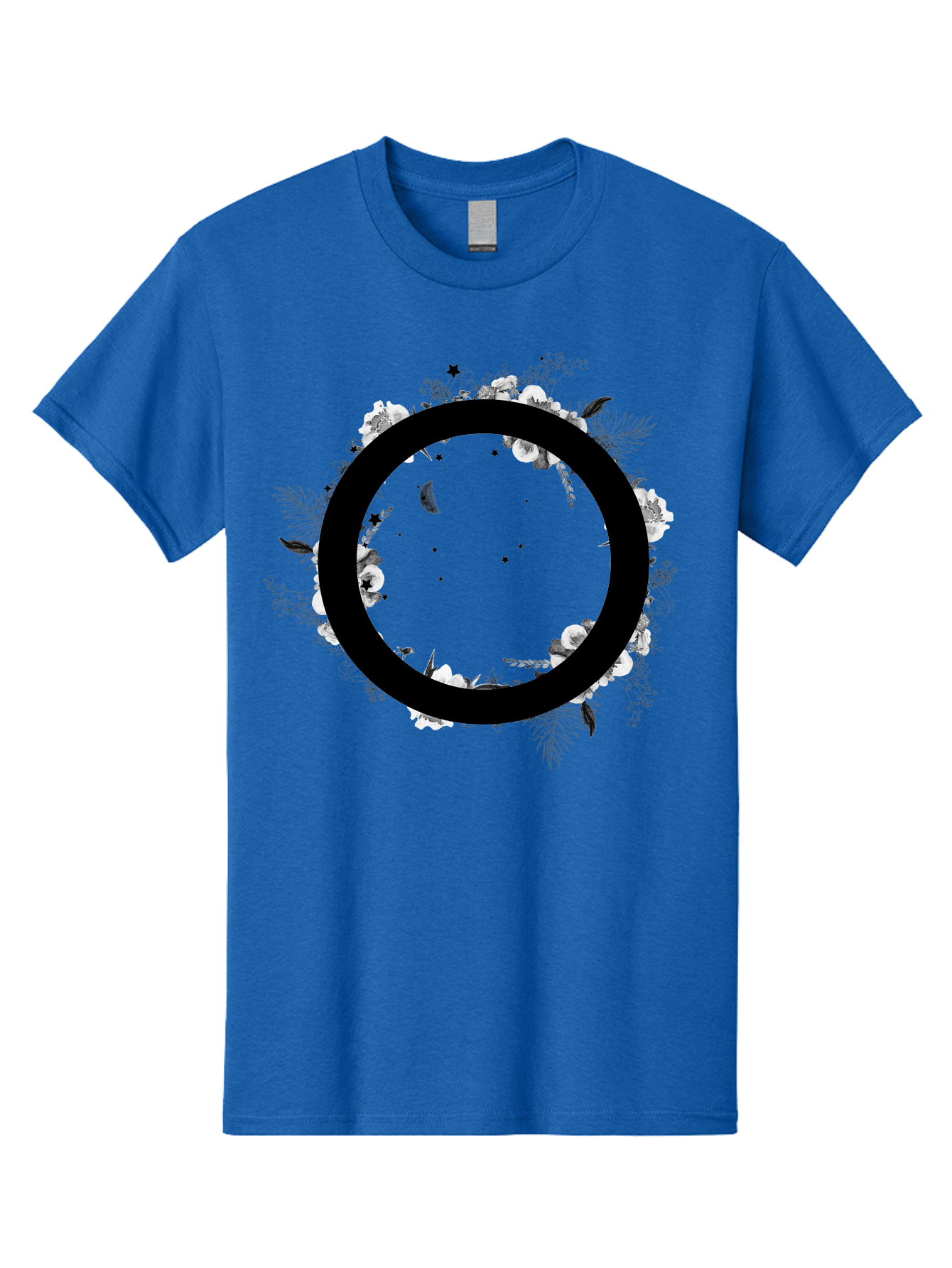 O Men'S Graphic Tee, 100% Cotton, Comfortable Casual Summer Wear, Machine Washable, Floral Wreath, Black Circle, Moon And Stars, White Flowers, Leaves And Foliage, Celestial Elements, Mystical Design Aac339