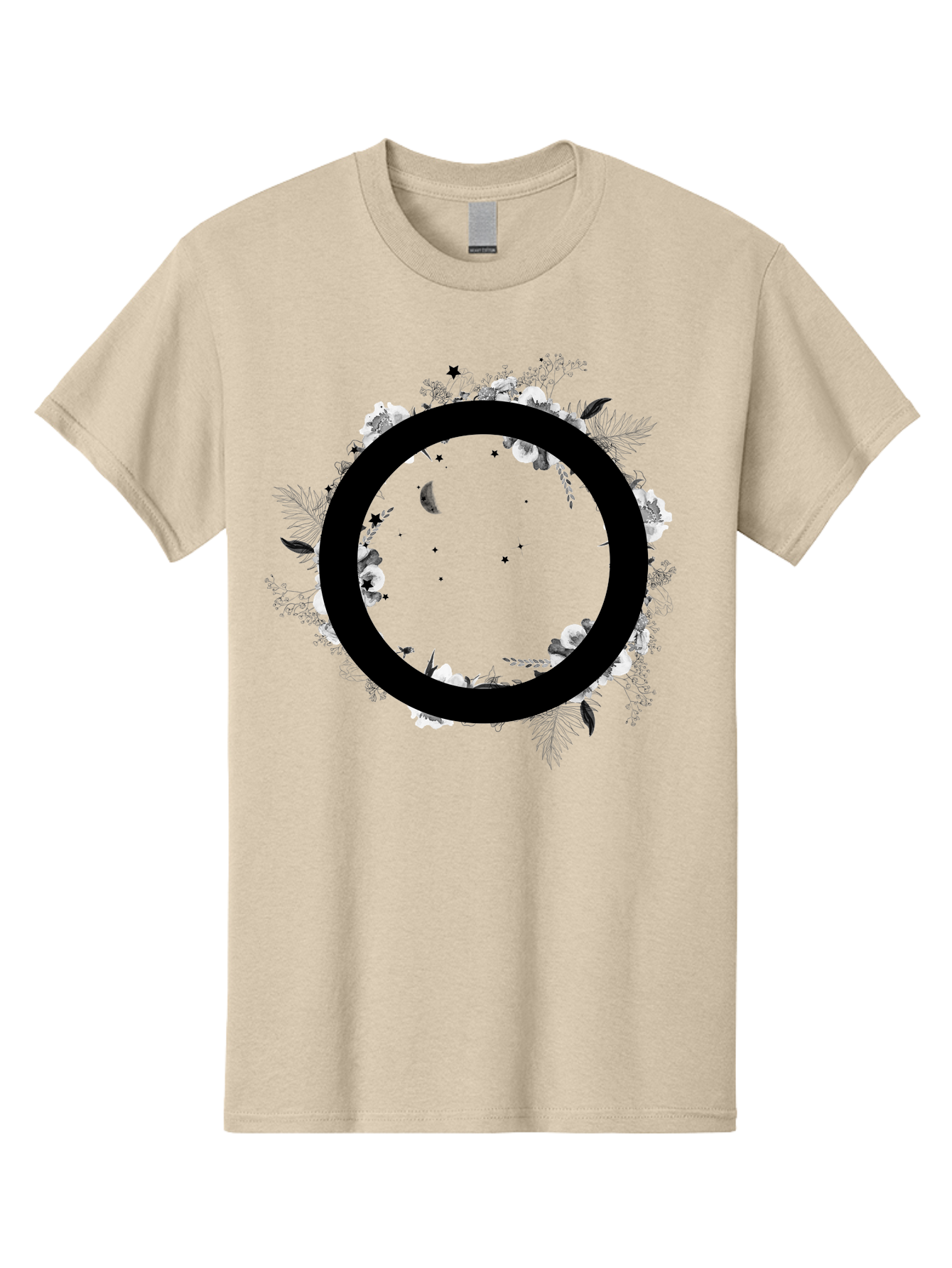 O Men'S Graphic Tee, 100% Cotton, Comfortable Casual Summer Wear, Machine Washable, Floral Wreath, Black Circle, Moon And Stars, White Flowers, Leaves And Foliage, Celestial Elements, Mystical Design Aac339