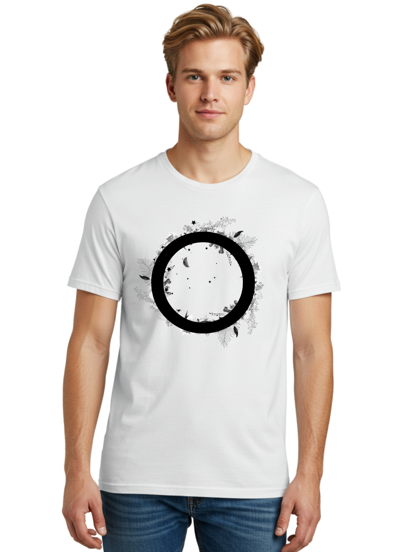 O Men'S Graphic Tee, 100% Cotton, Comfortable Casual Summer Wear, Machine Washable, Floral Wreath, Black Circle, Moon And Stars, White Flowers, Leaves And Foliage, Celestial Elements, Mystical Design Aac339