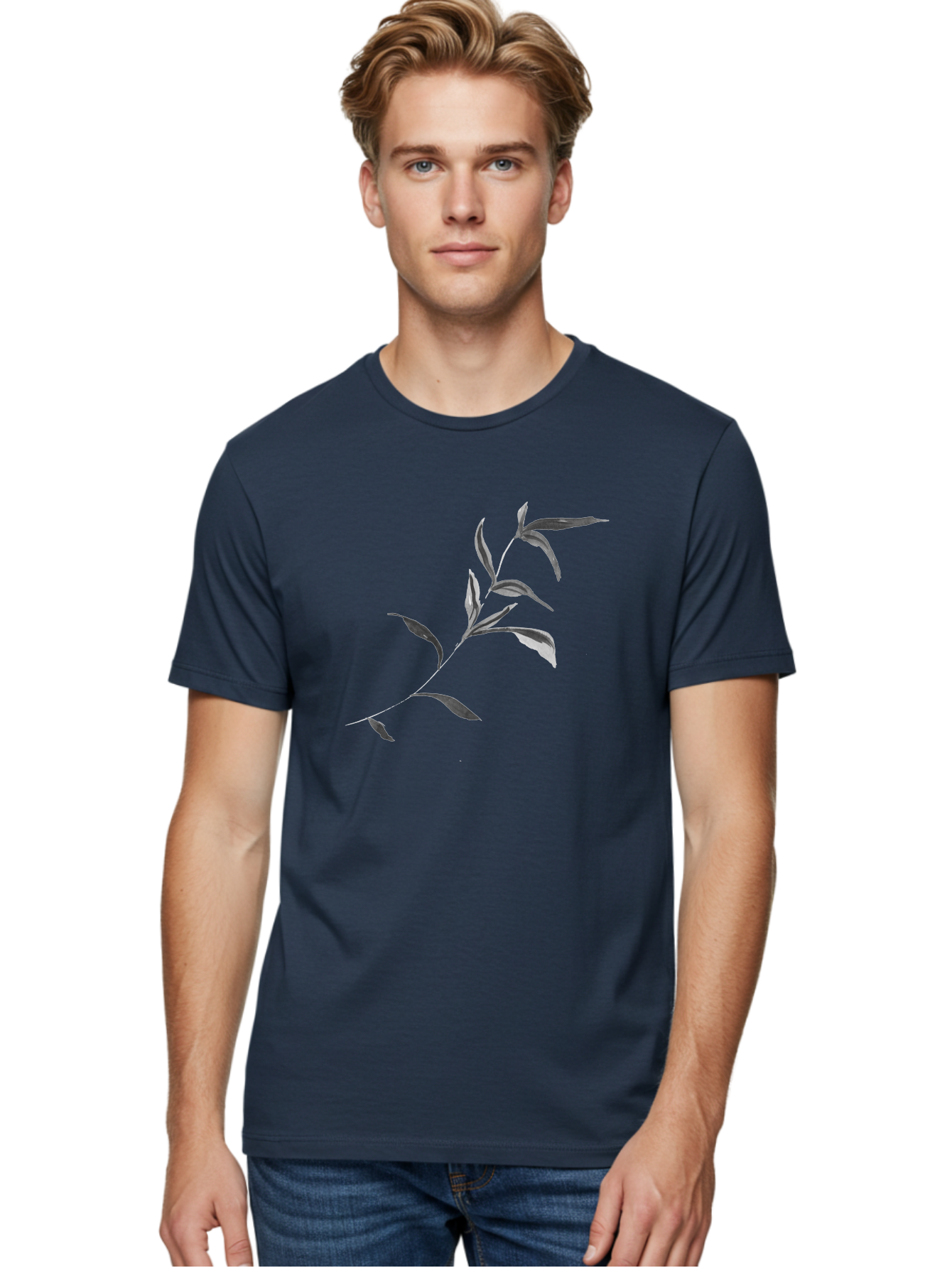 Olive-Branch Men'S Graphic Tee, 100% Cotton, Comfortable Casual Summer Wear, Machine Washable, Black And White Leaves, Foliage, Botanical Illustration, Leafy Branch, Simple Design, Minimalist Art, Plant Graphics Aac340