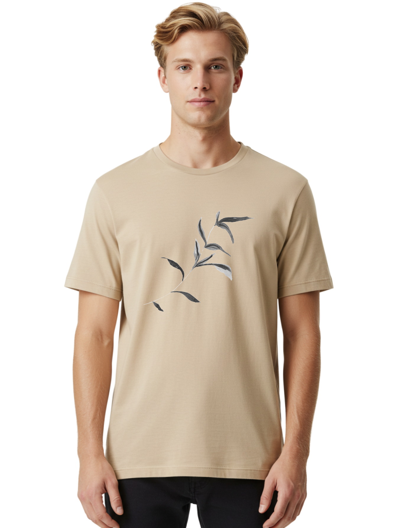 Olive-Branch Men'S Graphic Tee, 100% Cotton, Comfortable Casual Summer Wear, Machine Washable, Black And White Leaves, Foliage, Botanical Illustration, Leafy Branch, Simple Design, Minimalist Art, Plant Graphics Aac340