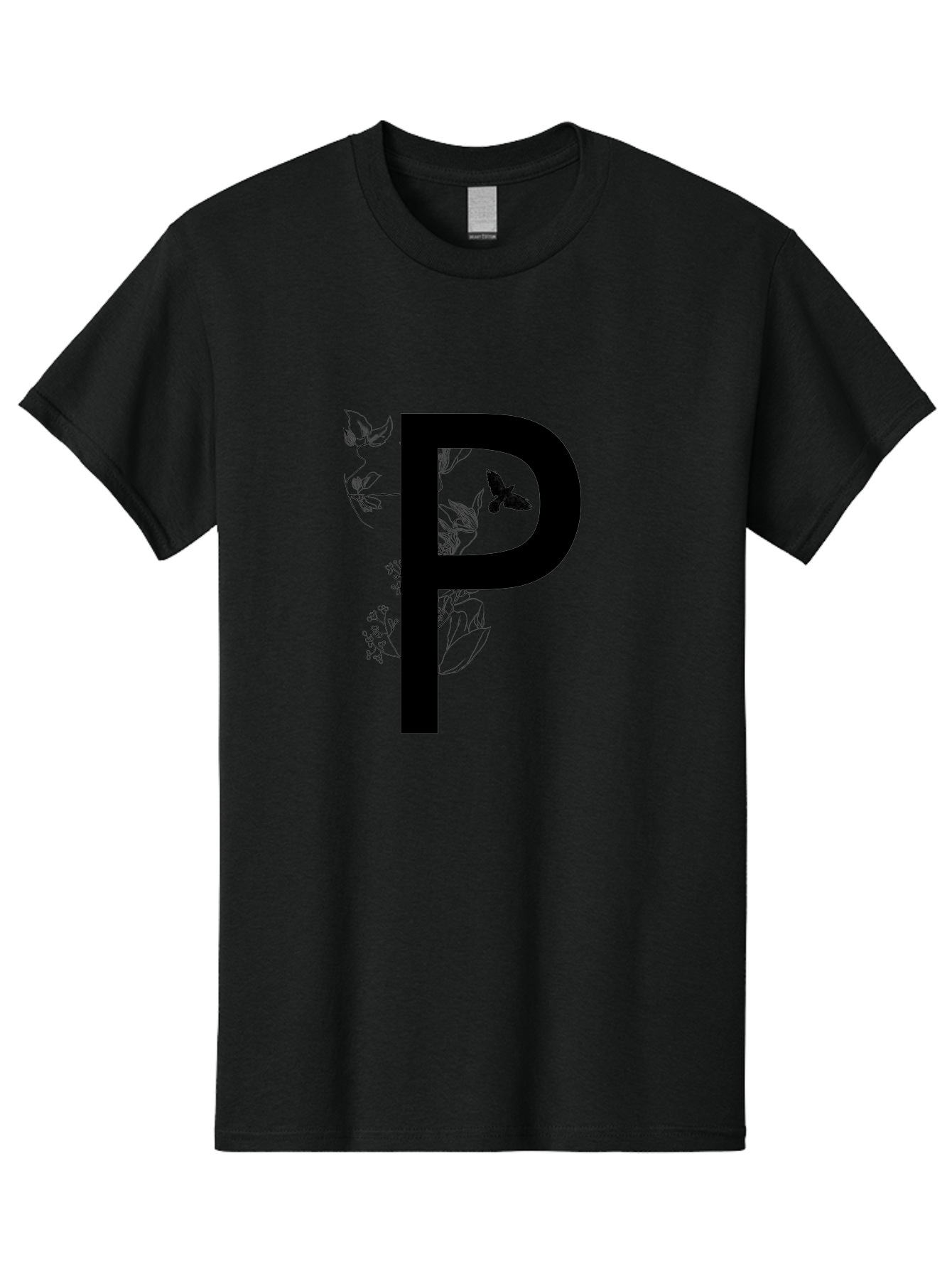 P Men'S Graphic Tee, 100% Cotton, Comfortable Casual Summer Wear, Machine Washable, Large Letter P, Botanical Elements, Butterflies, Floral Design, Minimalist Illustration, Black And Green Color Scheme, Simple Graphics, Typography Aac341