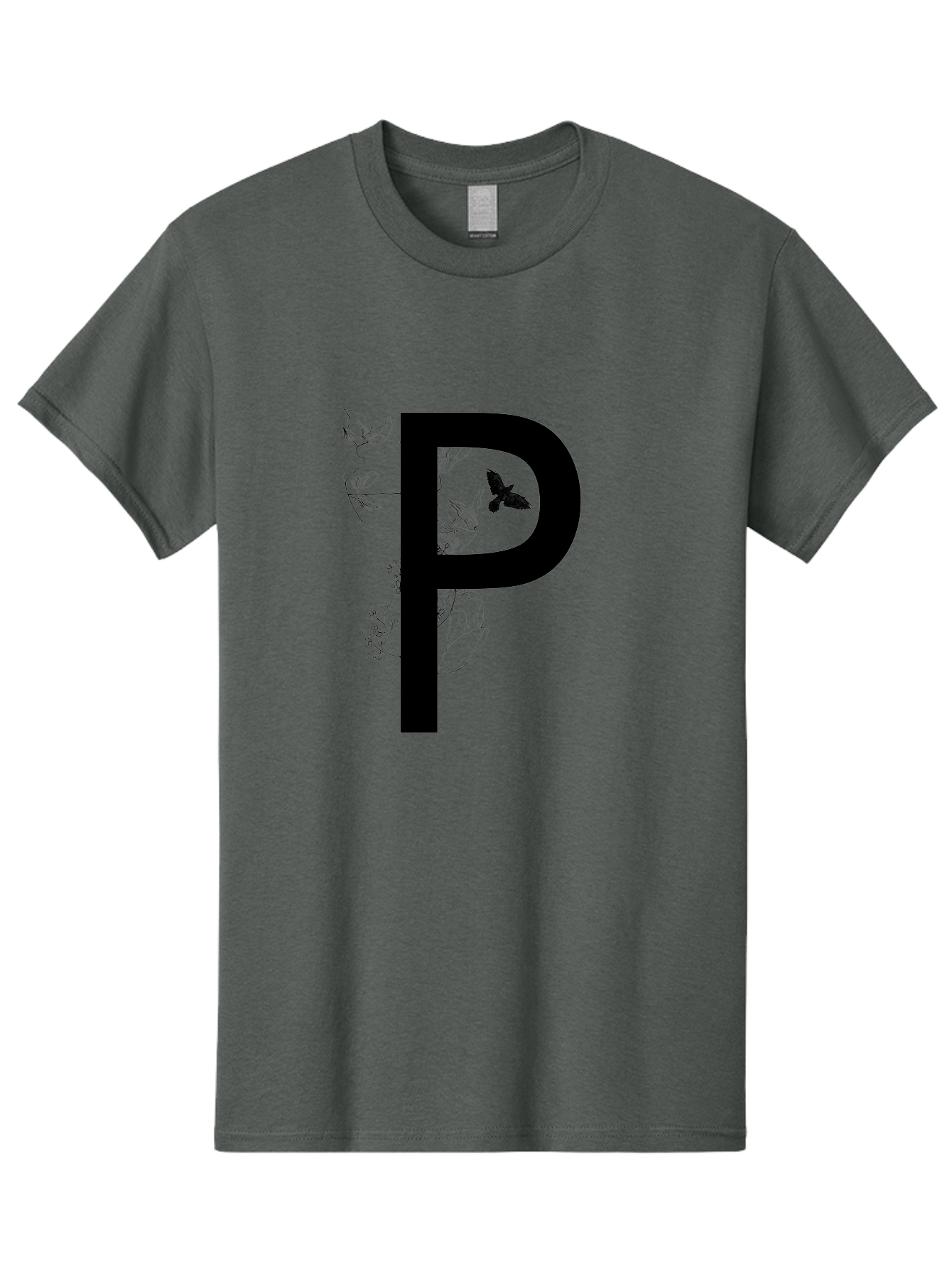 P Men'S Graphic Tee, 100% Cotton, Comfortable Casual Summer Wear, Machine Washable, Large Letter P, Botanical Elements, Butterflies, Floral Design, Minimalist Illustration, Black And Green Color Scheme, Simple Graphics, Typography Aac341