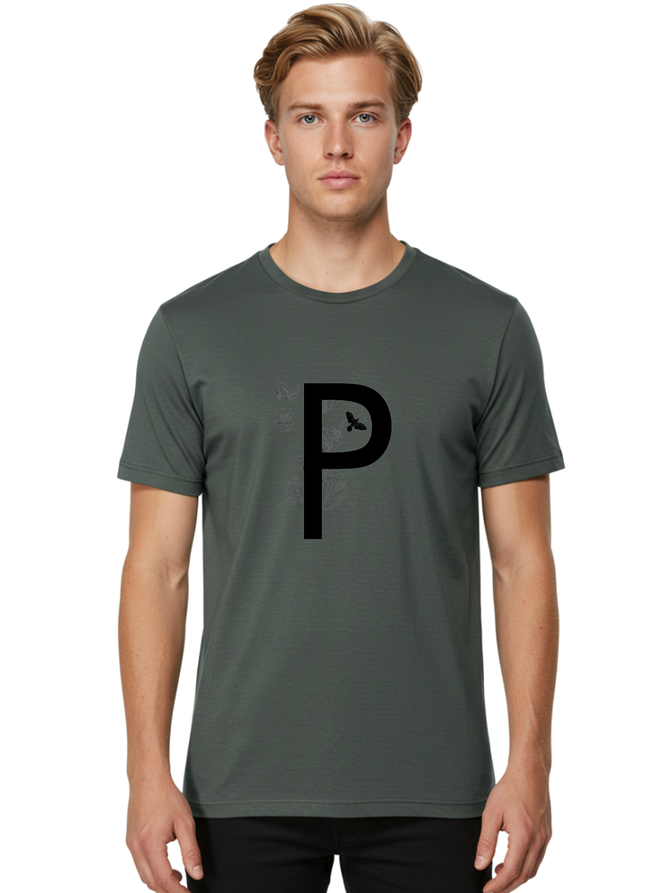 P Men'S Graphic Tee, 100% Cotton, Comfortable Casual Summer Wear, Machine Washable, Large Letter P, Botanical Elements, Butterflies, Floral Design, Minimalist Illustration, Black And Green Color Scheme, Simple Graphics, Typography Aac341