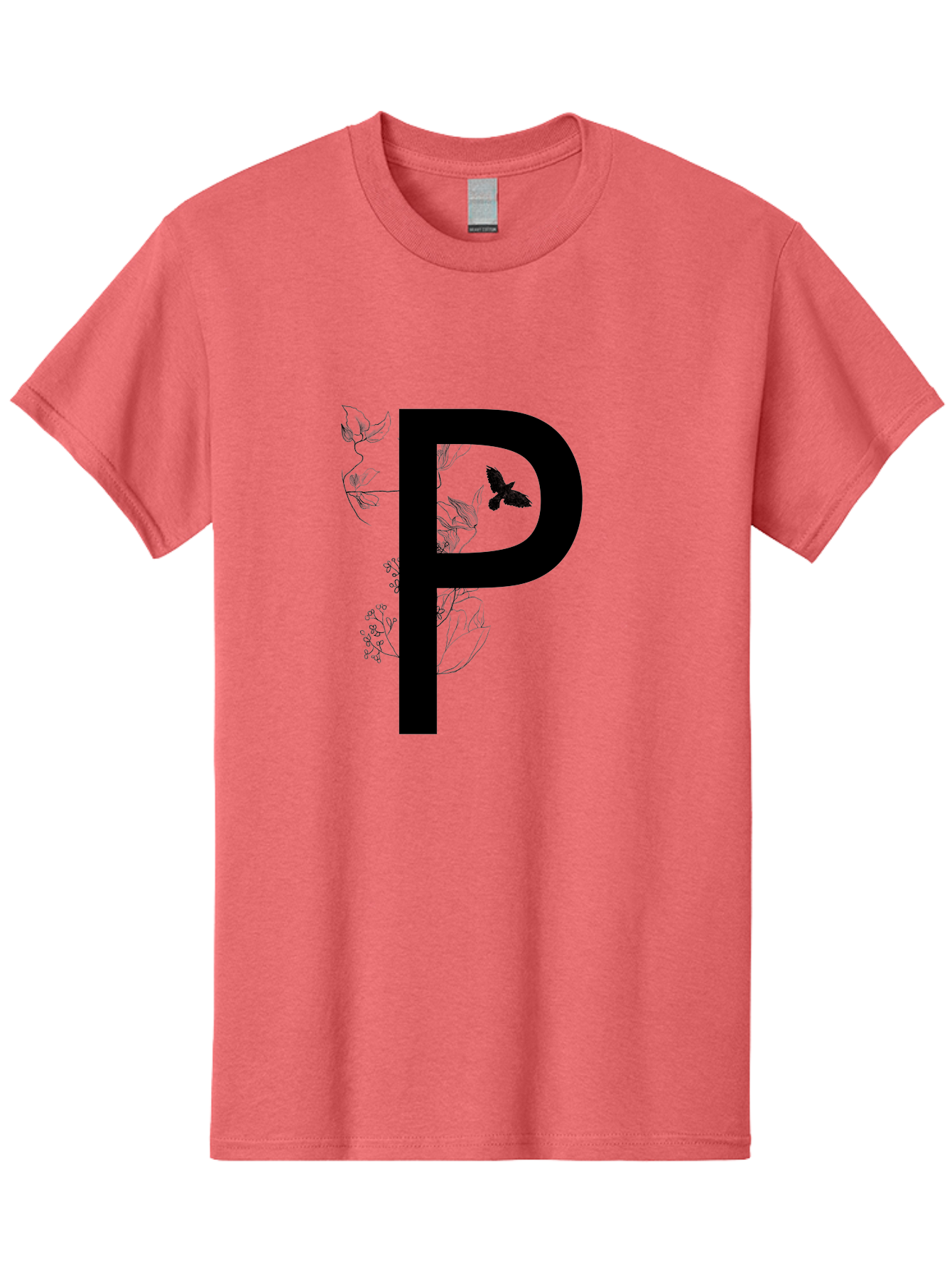 P Men'S Graphic Tee, 100% Cotton, Comfortable Casual Summer Wear, Machine Washable, Large Letter P, Botanical Elements, Butterflies, Floral Design, Minimalist Illustration, Black And Green Color Scheme, Simple Graphics, Typography Aac341