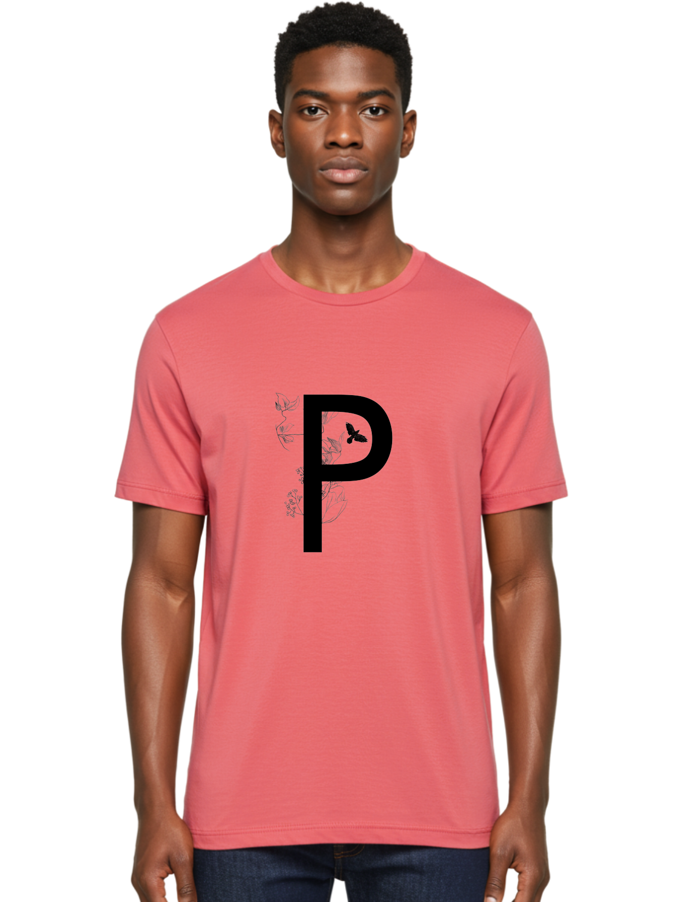 P Men'S Graphic Tee, 100% Cotton, Comfortable Casual Summer Wear, Machine Washable, Large Letter P, Botanical Elements, Butterflies, Floral Design, Minimalist Illustration, Black And Green Color Scheme, Simple Graphics, Typography Aac341
