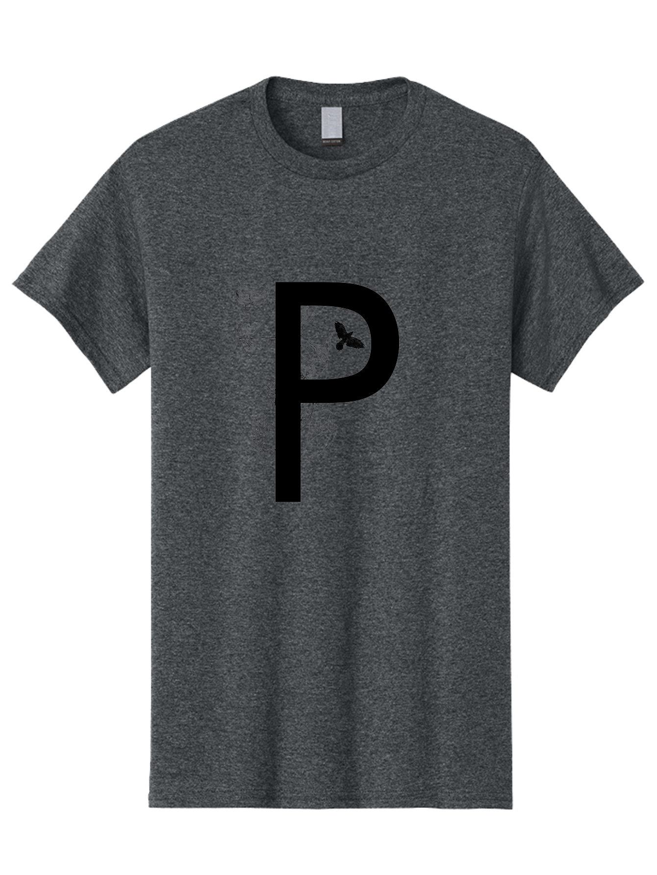 P Men'S Graphic Tee, 100% Cotton, Comfortable Casual Summer Wear, Machine Washable, Large Letter P, Botanical Elements, Butterflies, Floral Design, Minimalist Illustration, Black And Green Color Scheme, Simple Graphics, Typography Aac341