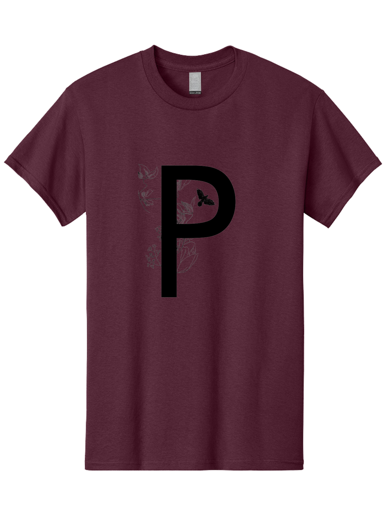 P Men'S Graphic Tee, 100% Cotton, Comfortable Casual Summer Wear, Machine Washable, Large Letter P, Botanical Elements, Butterflies, Floral Design, Minimalist Illustration, Black And Green Color Scheme, Simple Graphics, Typography Aac341