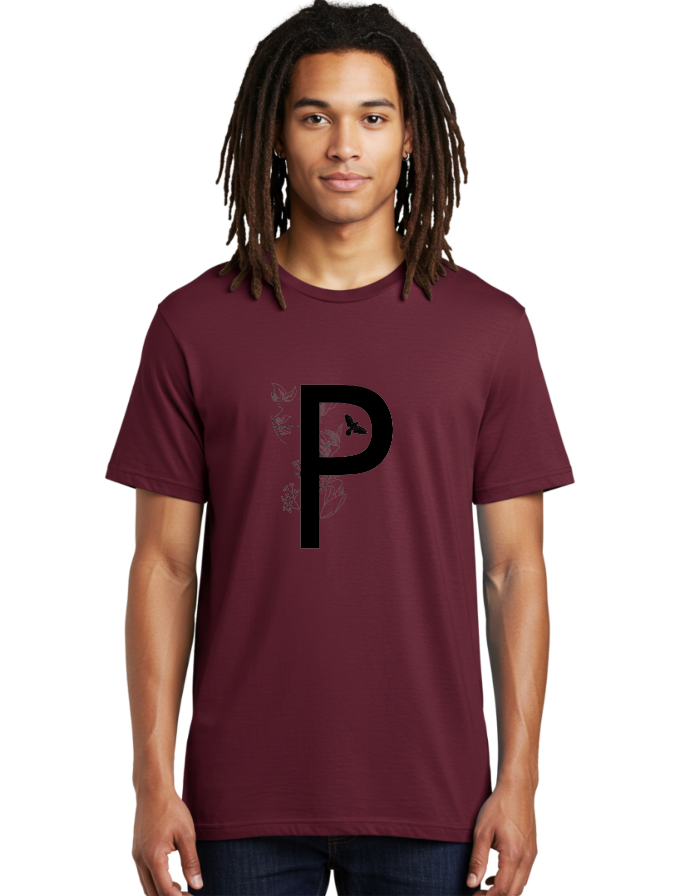 P Men'S Graphic Tee, 100% Cotton, Comfortable Casual Summer Wear, Machine Washable, Large Letter P, Botanical Elements, Butterflies, Floral Design, Minimalist Illustration, Black And Green Color Scheme, Simple Graphics, Typography Aac341