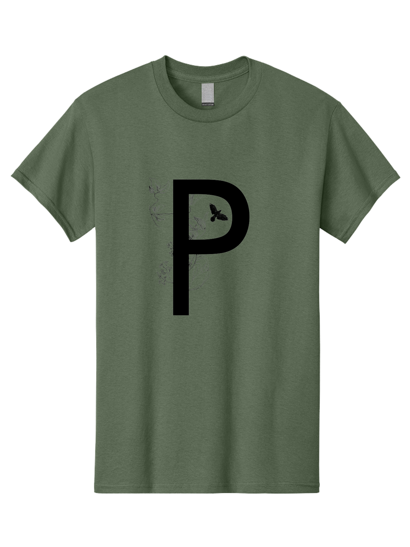 P Men'S Graphic Tee, 100% Cotton, Comfortable Casual Summer Wear, Machine Washable, Large Letter P, Botanical Elements, Butterflies, Floral Design, Minimalist Illustration, Black And Green Color Scheme, Simple Graphics, Typography Aac341