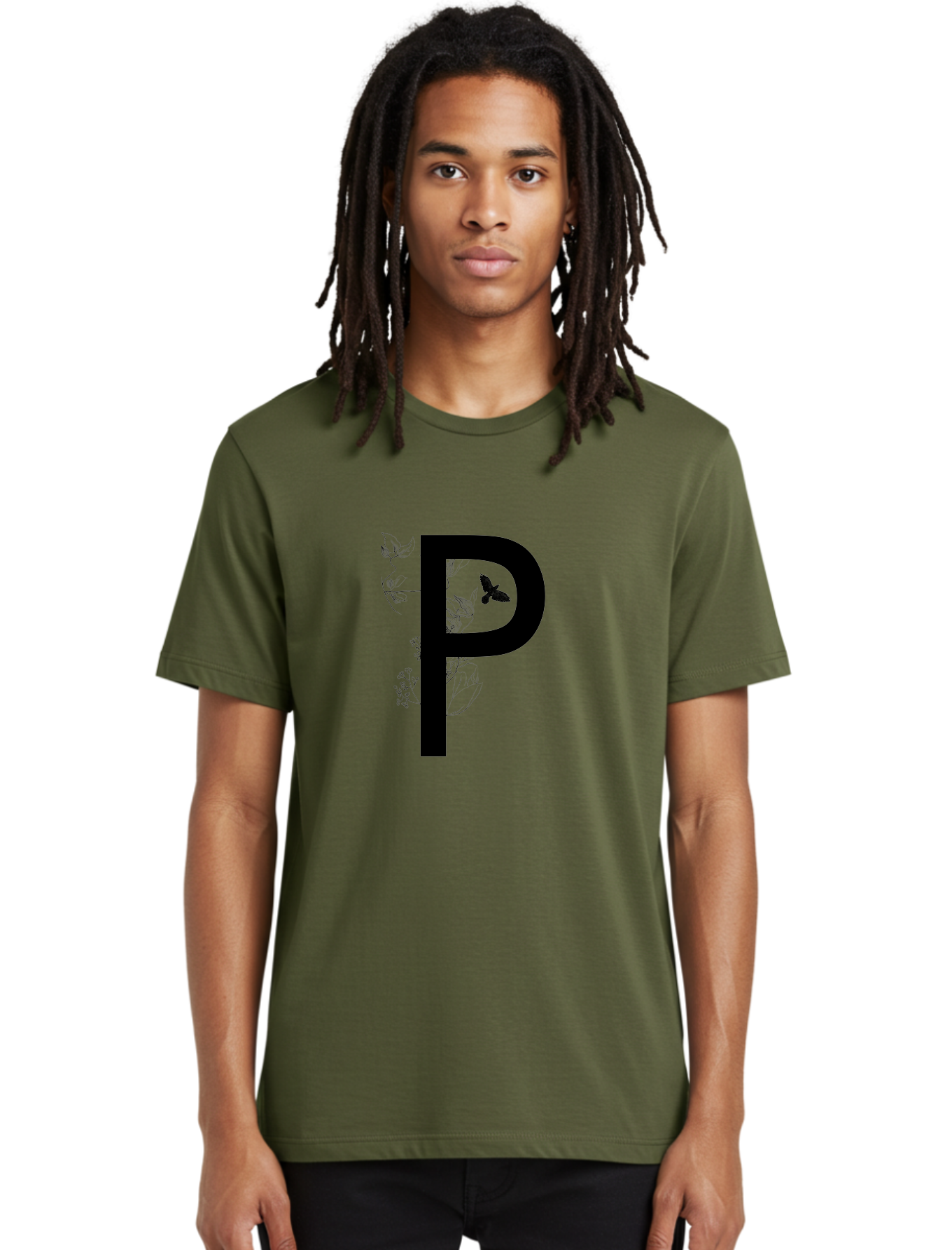 P Men'S Graphic Tee, 100% Cotton, Comfortable Casual Summer Wear, Machine Washable, Large Letter P, Botanical Elements, Butterflies, Floral Design, Minimalist Illustration, Black And Green Color Scheme, Simple Graphics, Typography Aac341
