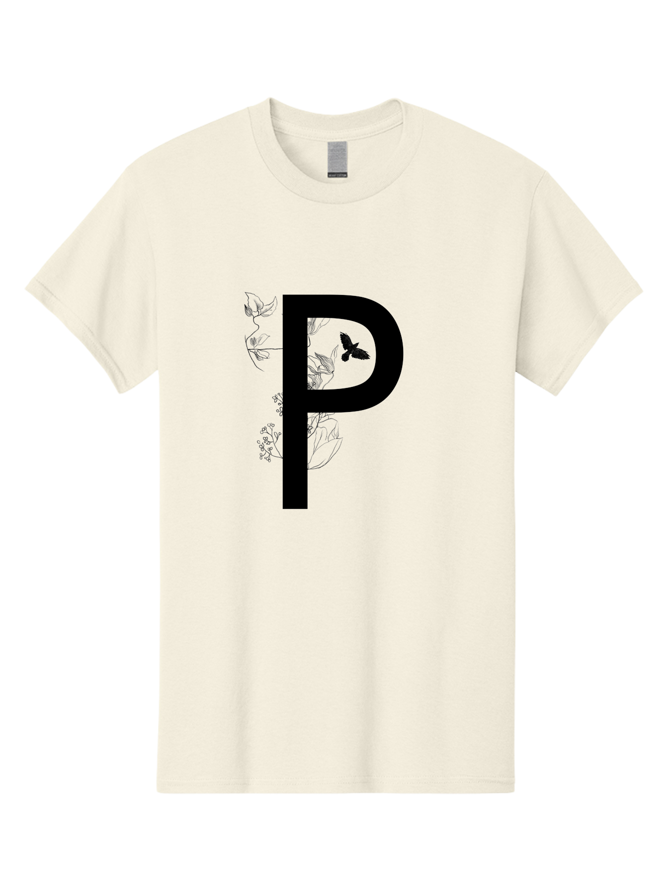 P Men'S Graphic Tee, 100% Cotton, Comfortable Casual Summer Wear, Machine Washable, Large Letter P, Botanical Elements, Butterflies, Floral Design, Minimalist Illustration, Black And Green Color Scheme, Simple Graphics, Typography Aac341