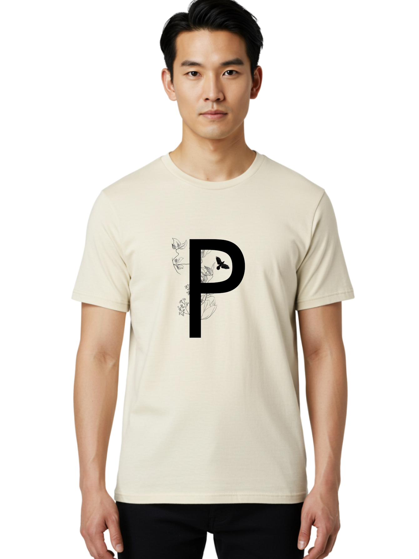 P Men'S Graphic Tee, 100% Cotton, Comfortable Casual Summer Wear, Machine Washable, Large Letter P, Botanical Elements, Butterflies, Floral Design, Minimalist Illustration, Black And Green Color Scheme, Simple Graphics, Typography Aac341
