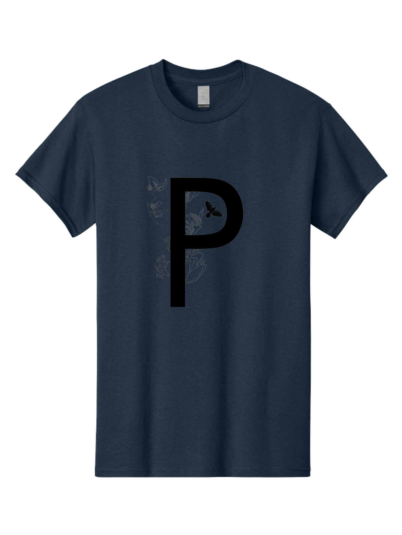 P Men'S Graphic Tee, 100% Cotton, Comfortable Casual Summer Wear, Machine Washable, Large Letter P, Botanical Elements, Butterflies, Floral Design, Minimalist Illustration, Black And Green Color Scheme, Simple Graphics, Typography Aac341