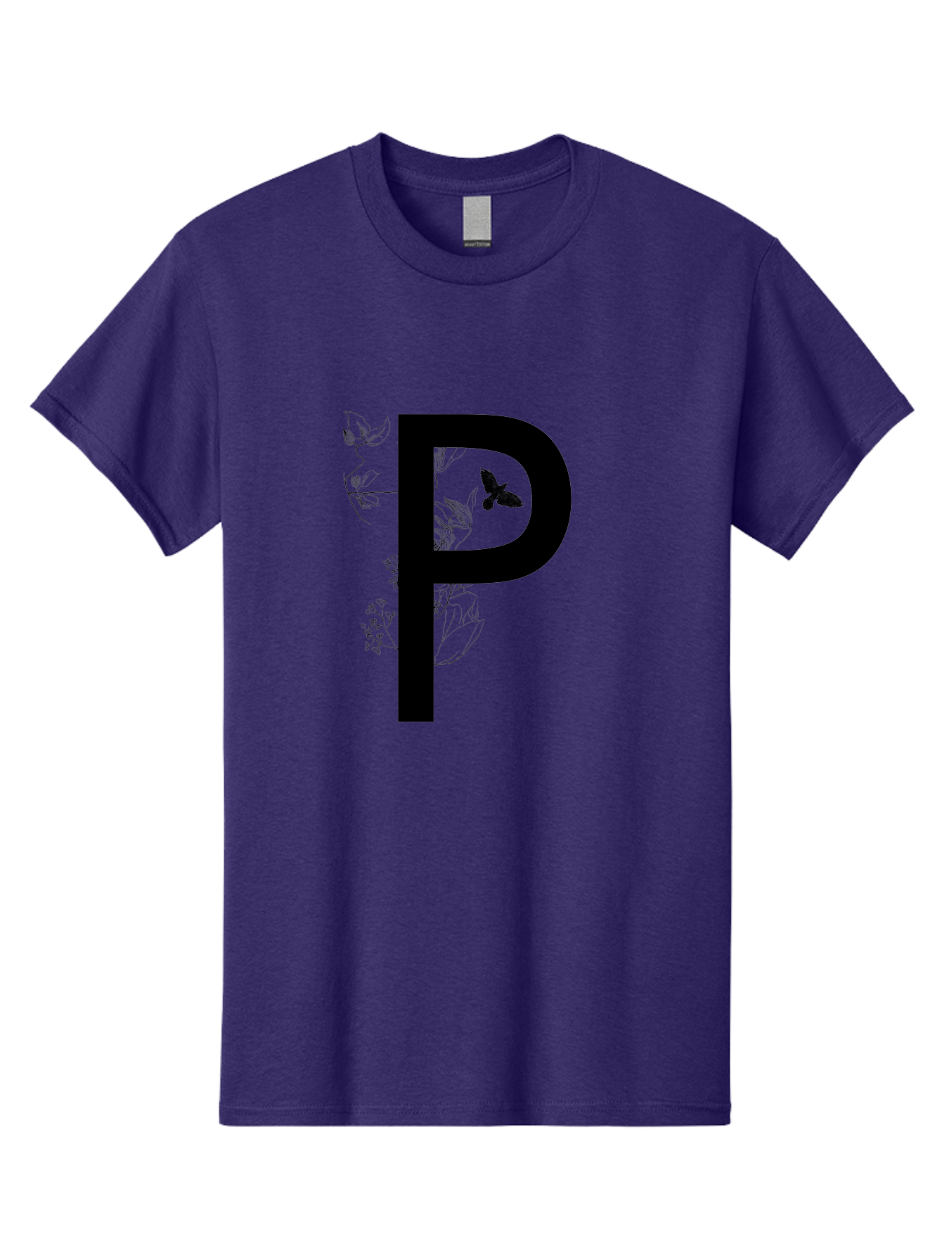 P Men'S Graphic Tee, 100% Cotton, Comfortable Casual Summer Wear, Machine Washable, Large Letter P, Botanical Elements, Butterflies, Floral Design, Minimalist Illustration, Black And Green Color Scheme, Simple Graphics, Typography Aac341