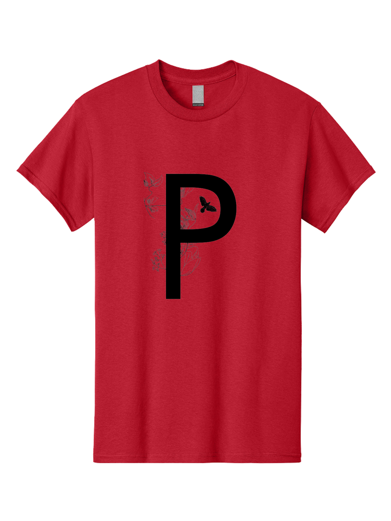 P Men'S Graphic Tee, 100% Cotton, Comfortable Casual Summer Wear, Machine Washable, Large Letter P, Botanical Elements, Butterflies, Floral Design, Minimalist Illustration, Black And Green Color Scheme, Simple Graphics, Typography Aac341