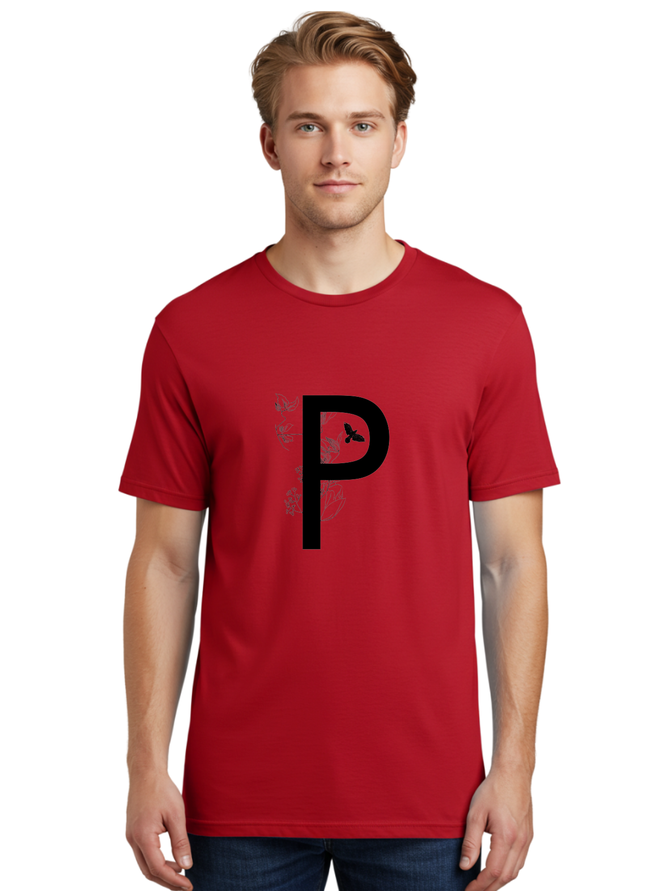 P Men'S Graphic Tee, 100% Cotton, Comfortable Casual Summer Wear, Machine Washable, Large Letter P, Botanical Elements, Butterflies, Floral Design, Minimalist Illustration, Black And Green Color Scheme, Simple Graphics, Typography Aac341