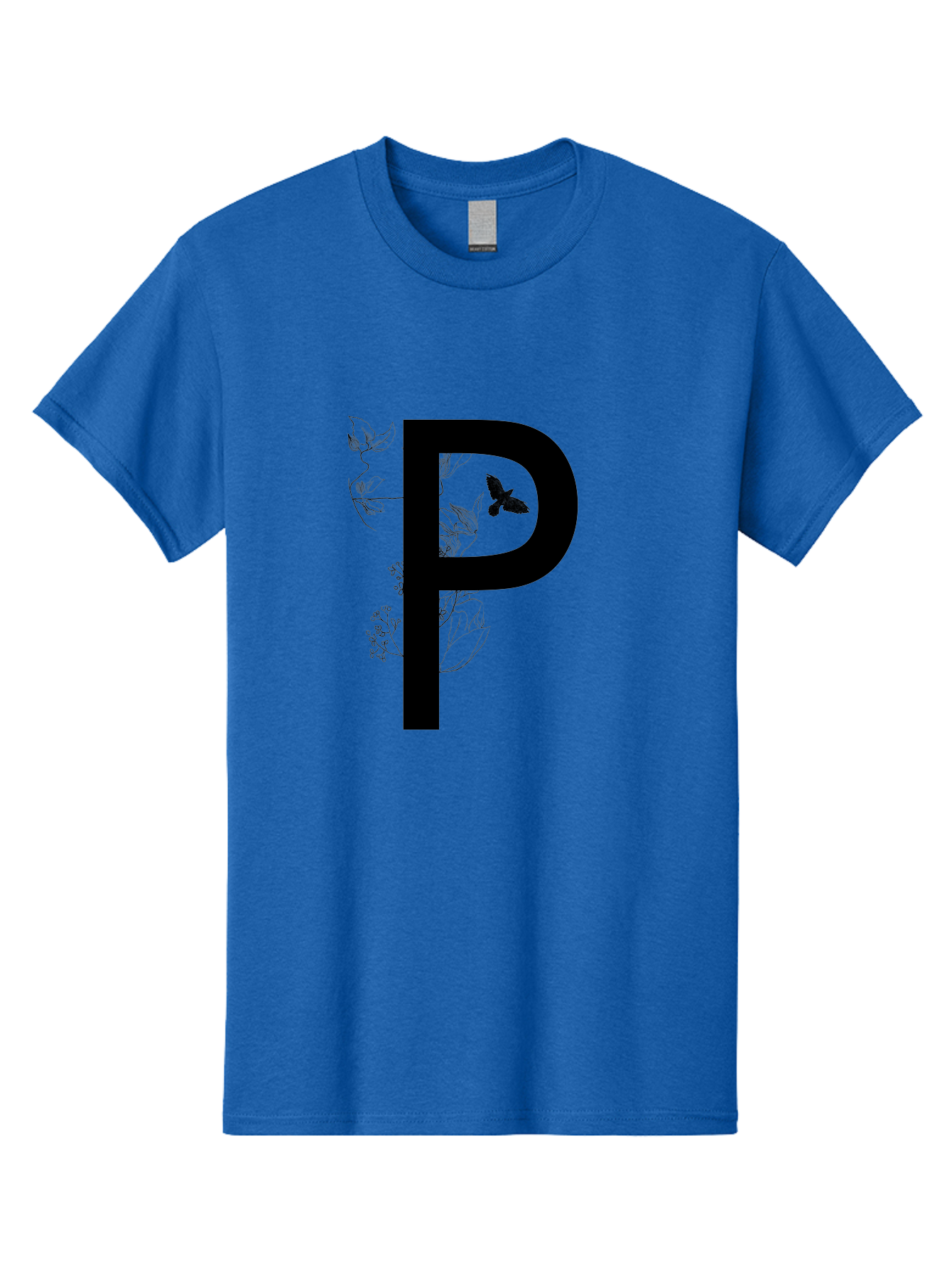 P Men'S Graphic Tee, 100% Cotton, Comfortable Casual Summer Wear, Machine Washable, Large Letter P, Botanical Elements, Butterflies, Floral Design, Minimalist Illustration, Black And Green Color Scheme, Simple Graphics, Typography Aac341