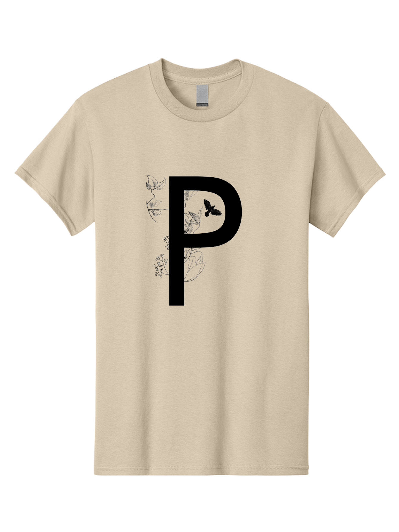 P Men'S Graphic Tee, 100% Cotton, Comfortable Casual Summer Wear, Machine Washable, Large Letter P, Botanical Elements, Butterflies, Floral Design, Minimalist Illustration, Black And Green Color Scheme, Simple Graphics, Typography Aac341