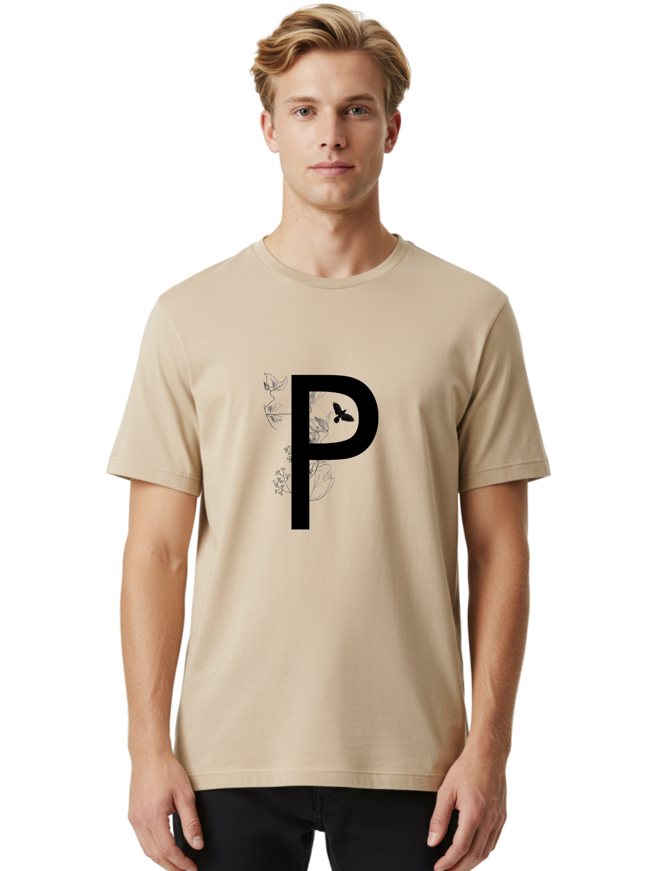 P Men'S Graphic Tee, 100% Cotton, Comfortable Casual Summer Wear, Machine Washable, Large Letter P, Botanical Elements, Butterflies, Floral Design, Minimalist Illustration, Black And Green Color Scheme, Simple Graphics, Typography Aac341