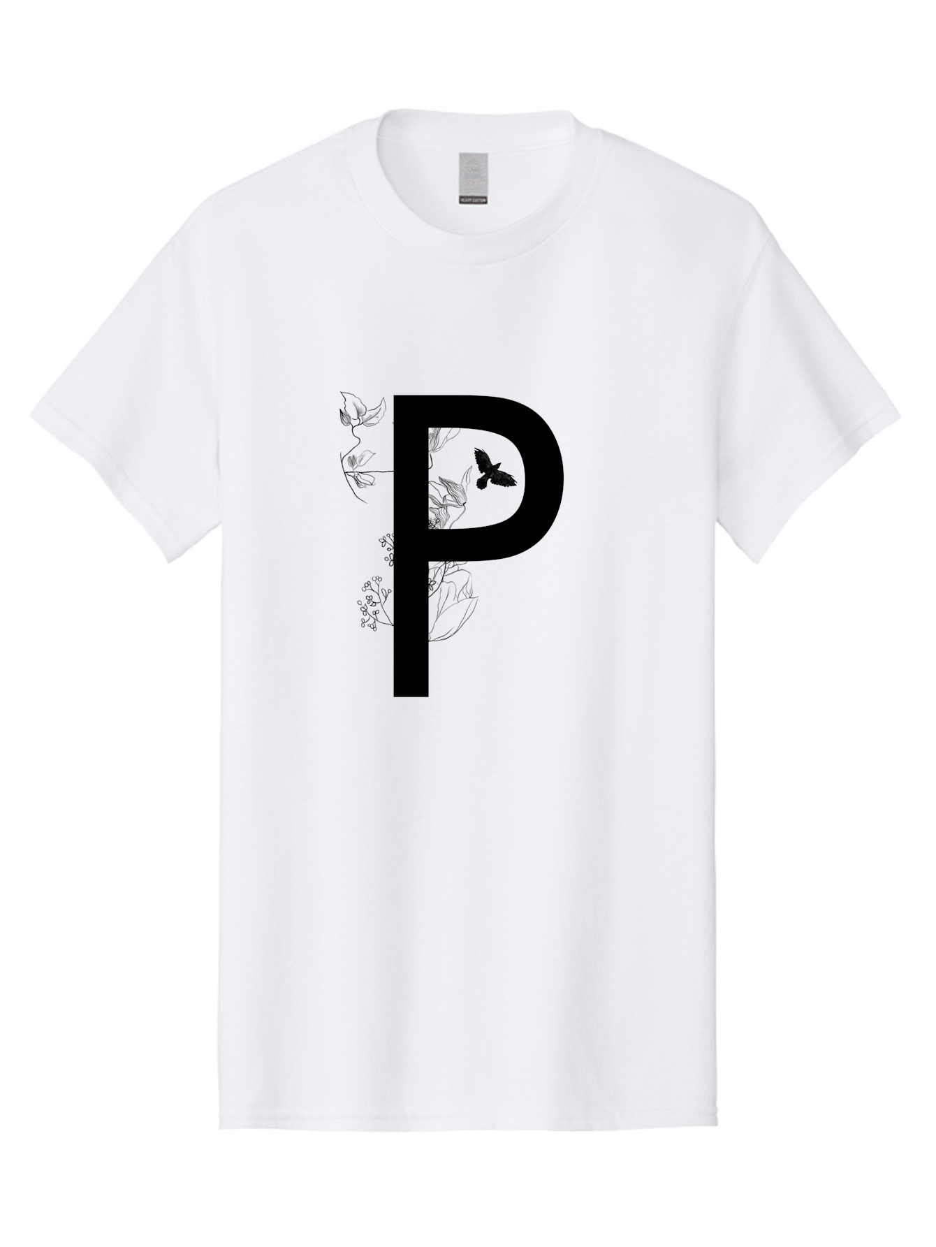 P Men'S Graphic Tee, 100% Cotton, Comfortable Casual Summer Wear, Machine Washable, Large Letter P, Botanical Elements, Butterflies, Floral Design, Minimalist Illustration, Black And Green Color Scheme, Simple Graphics, Typography Aac341