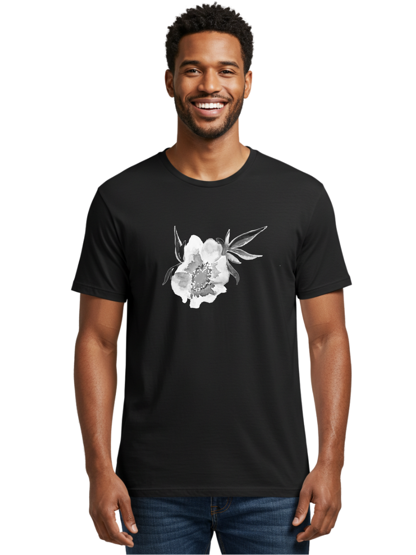 Peony-Flower Men'S Graphic Tee, 100% Cotton, Comfortable Casual Summer Wear, Machine Washable, Black And White Peony, Watercolor Painting, Flower Illustration, Artistic Design, Botanical Art, Grayscale Flowers, Delicate Petals, Floral Pattern Aac343