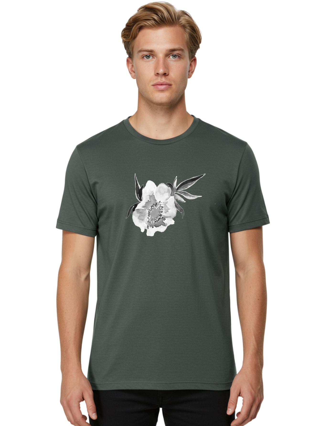 Peony-Flower Men'S Graphic Tee, 100% Cotton, Comfortable Casual Summer Wear, Machine Washable, Black And White Peony, Watercolor Painting, Flower Illustration, Artistic Design, Botanical Art, Grayscale Flowers, Delicate Petals, Floral Pattern Aac343