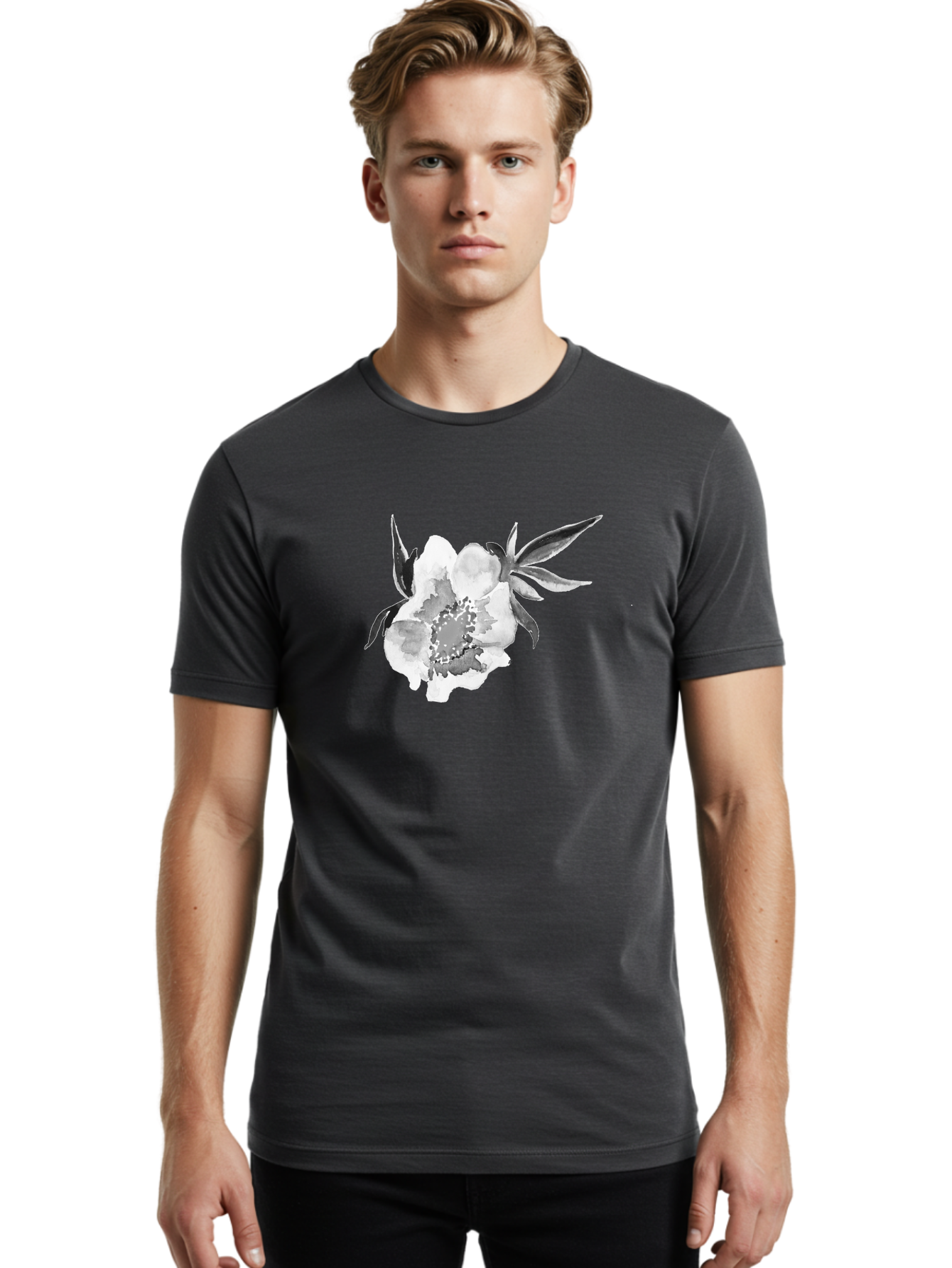 Peony-Flower Men'S Graphic Tee, 100% Cotton, Comfortable Casual Summer Wear, Machine Washable, Black And White Peony, Watercolor Painting, Flower Illustration, Artistic Design, Botanical Art, Grayscale Flowers, Delicate Petals, Floral Pattern Aac343