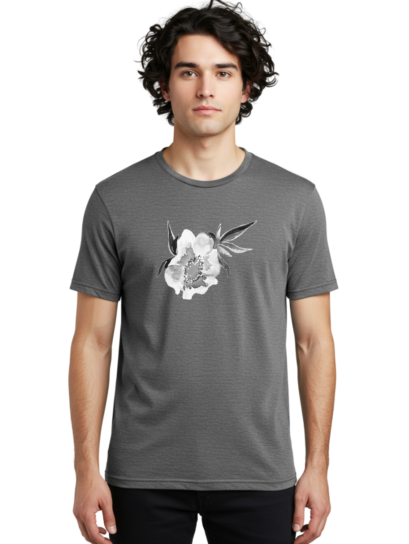 Peony-Flower Men'S Graphic Tee, 100% Cotton, Comfortable Casual Summer Wear, Machine Washable, Black And White Peony, Watercolor Painting, Flower Illustration, Artistic Design, Botanical Art, Grayscale Flowers, Delicate Petals, Floral Pattern Aac343