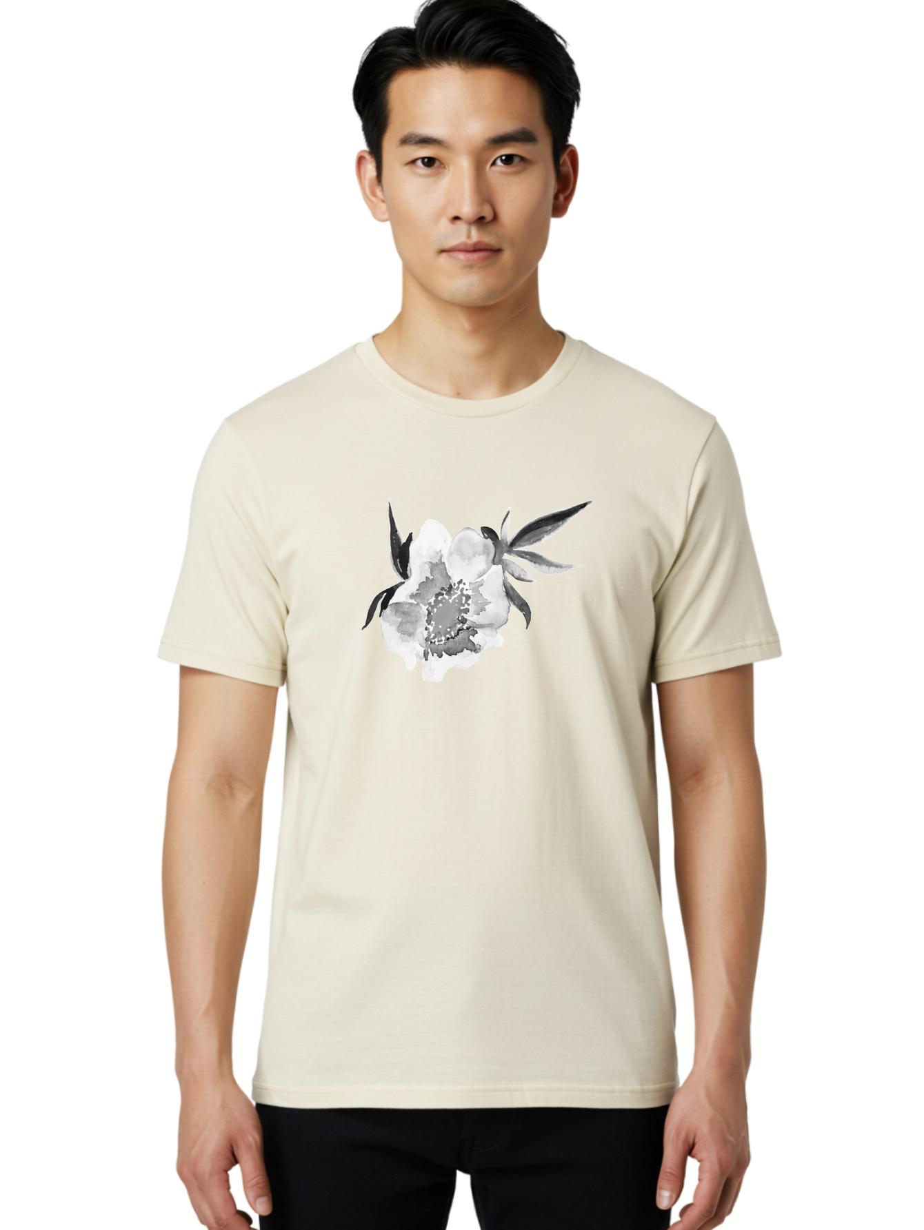 Peony-Flower Men'S Graphic Tee, 100% Cotton, Comfortable Casual Summer Wear, Machine Washable, Black And White Peony, Watercolor Painting, Flower Illustration, Artistic Design, Botanical Art, Grayscale Flowers, Delicate Petals, Floral Pattern Aac343